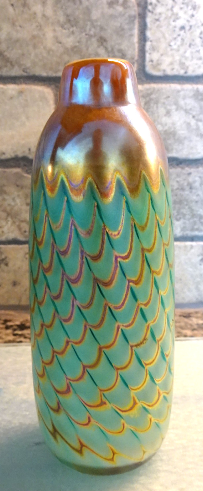 Signed 1988 Stephen Fellerman Studio Art Glass Iridescent Draped Bullet Vase
