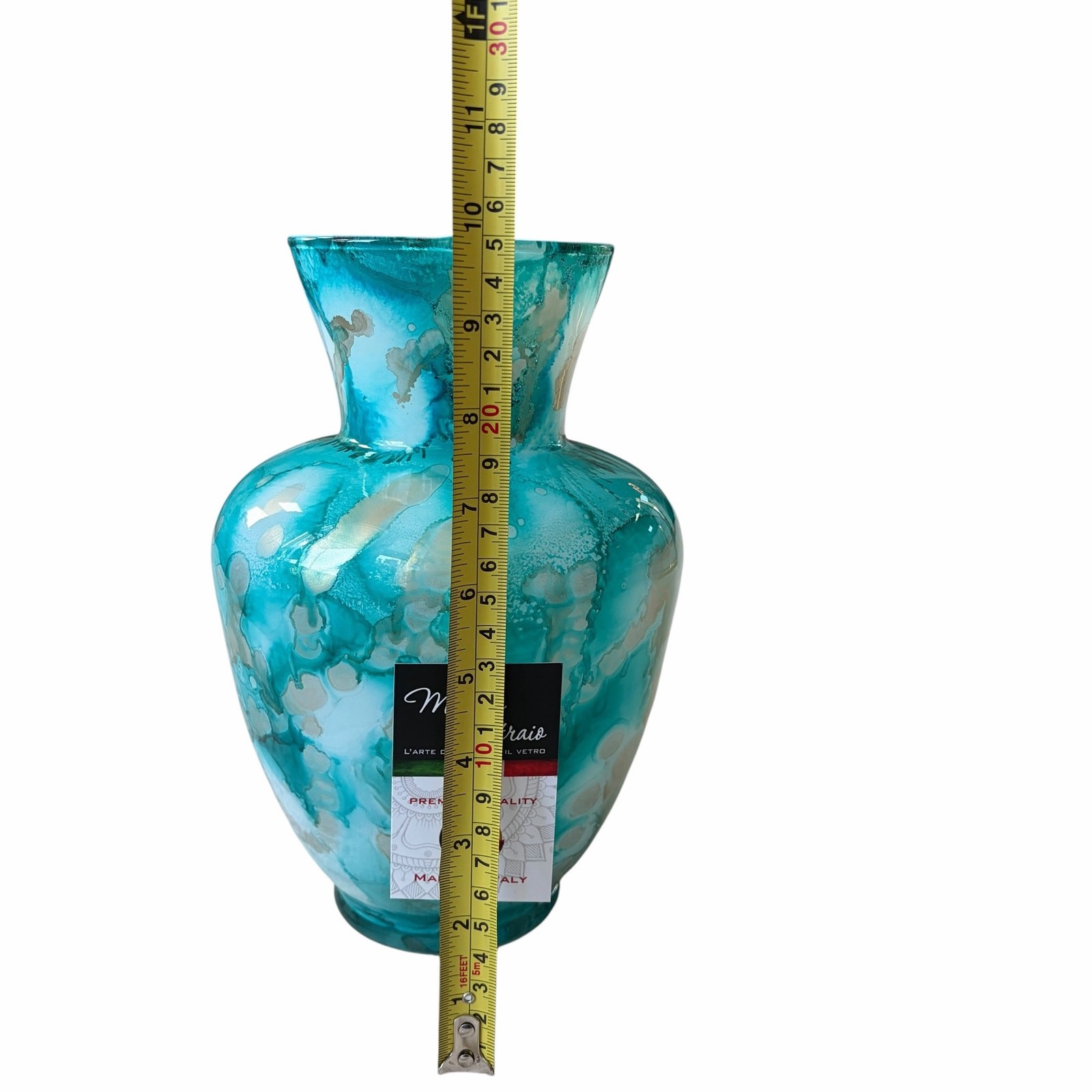 Italian Murano Turquoise Watercolor Art Glass Vase 10.5in Hand Blown NEW