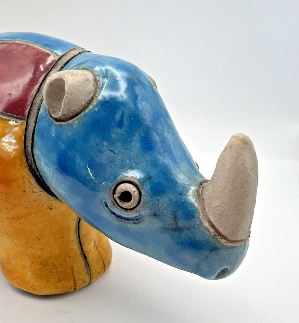 Raku Rhinoceros Figurine, Fenix Pottery, South Africa, Vintage, Handmade