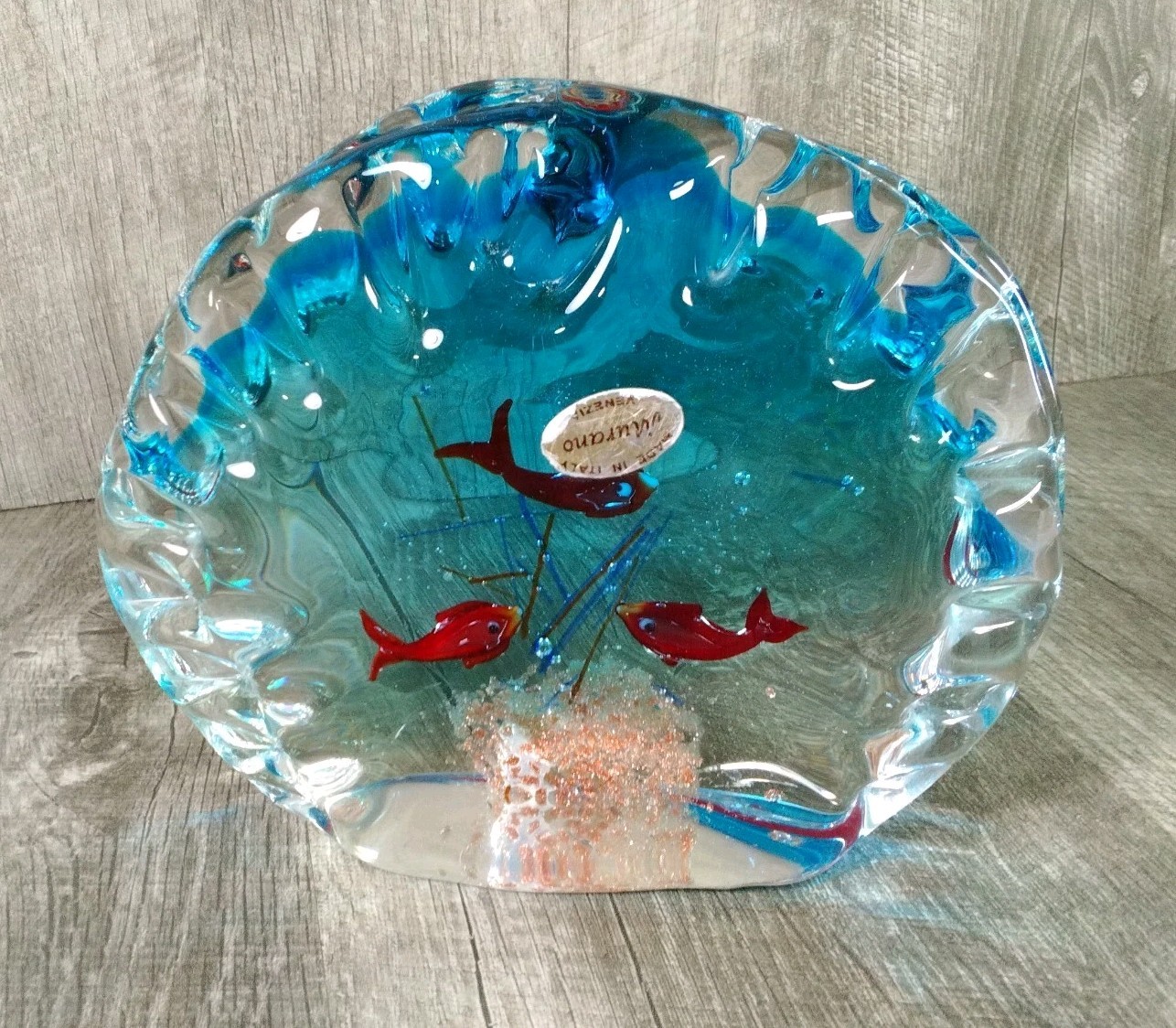 MURANO FISH AQUARIUM Gold Flakes Paperweight Murano Paper Label, Colorful 5″X6″