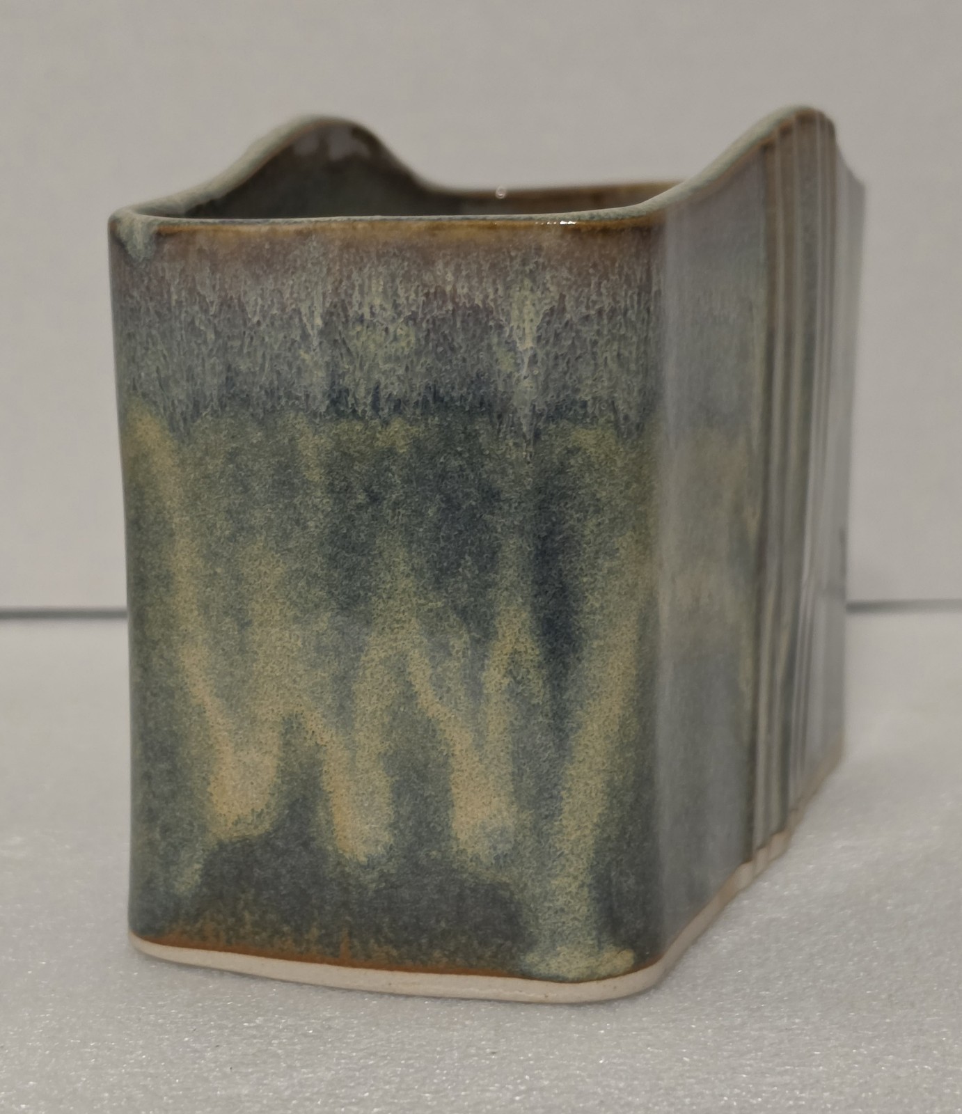 Vintage Bay Pottery Studio Art Vessel Vase Wavy Cache Pot Green Brown Drip 6.25″