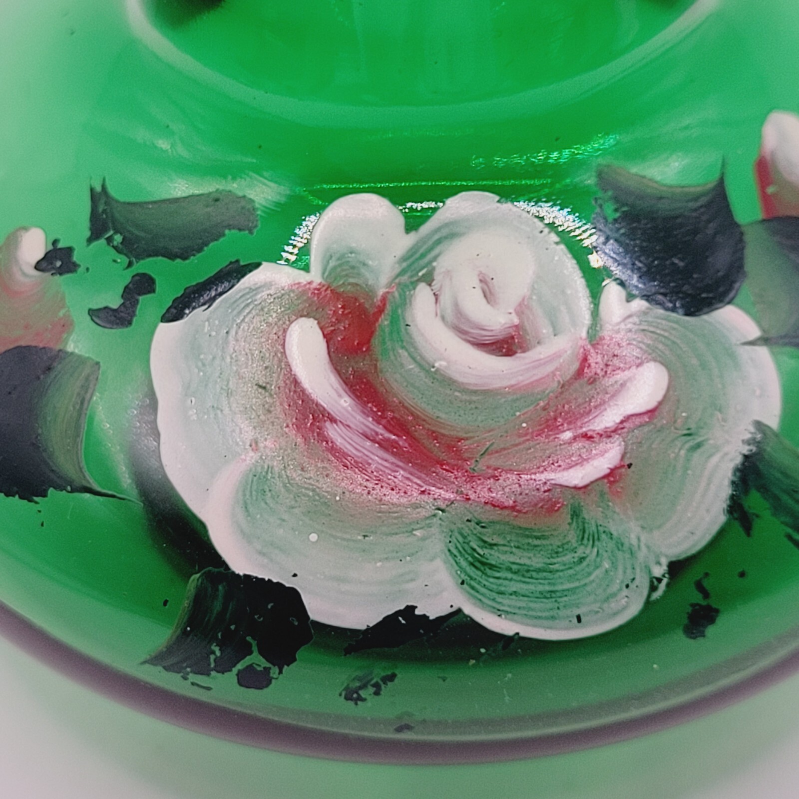 Crimp Ruffle Rim Bud Vase Hand Painted Roses Forest Green Glass Anchor Hocking