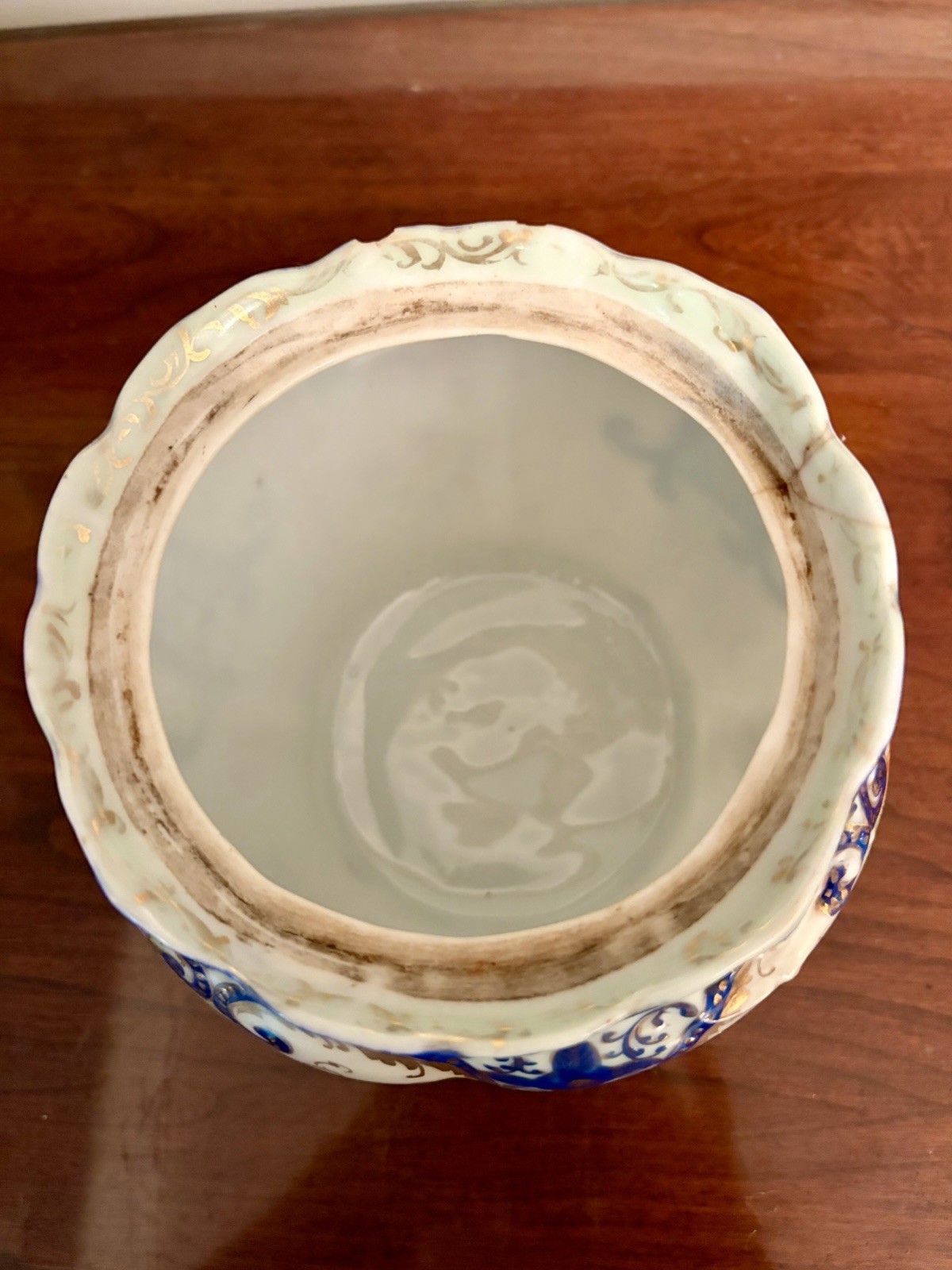 Antique French Hand Painted Porcelain Biscuit Jar w Lid; Blue w flowers & Gold
