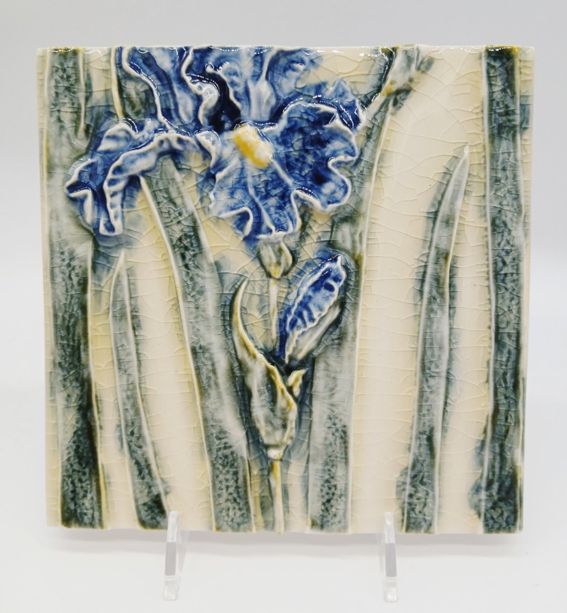 Set of 2 Pratt & Larson 6″ x 5 7/8″ x 3/8″ Embossed Iris Flower Tiles