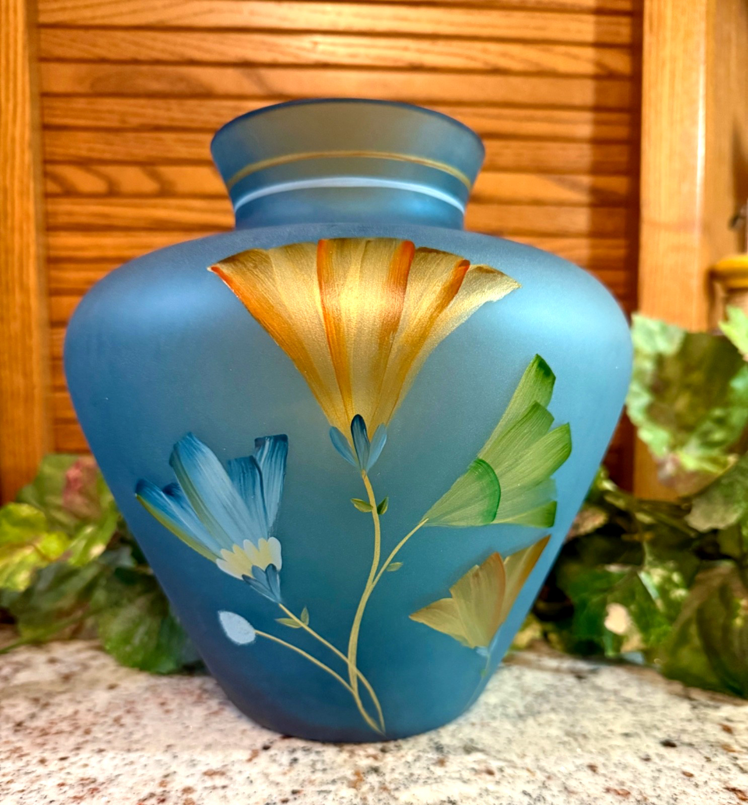 Horizon Collection Fenton** “GINKO” ON INDIGO BLUE SATIN 8″ VASE**Limited…2009