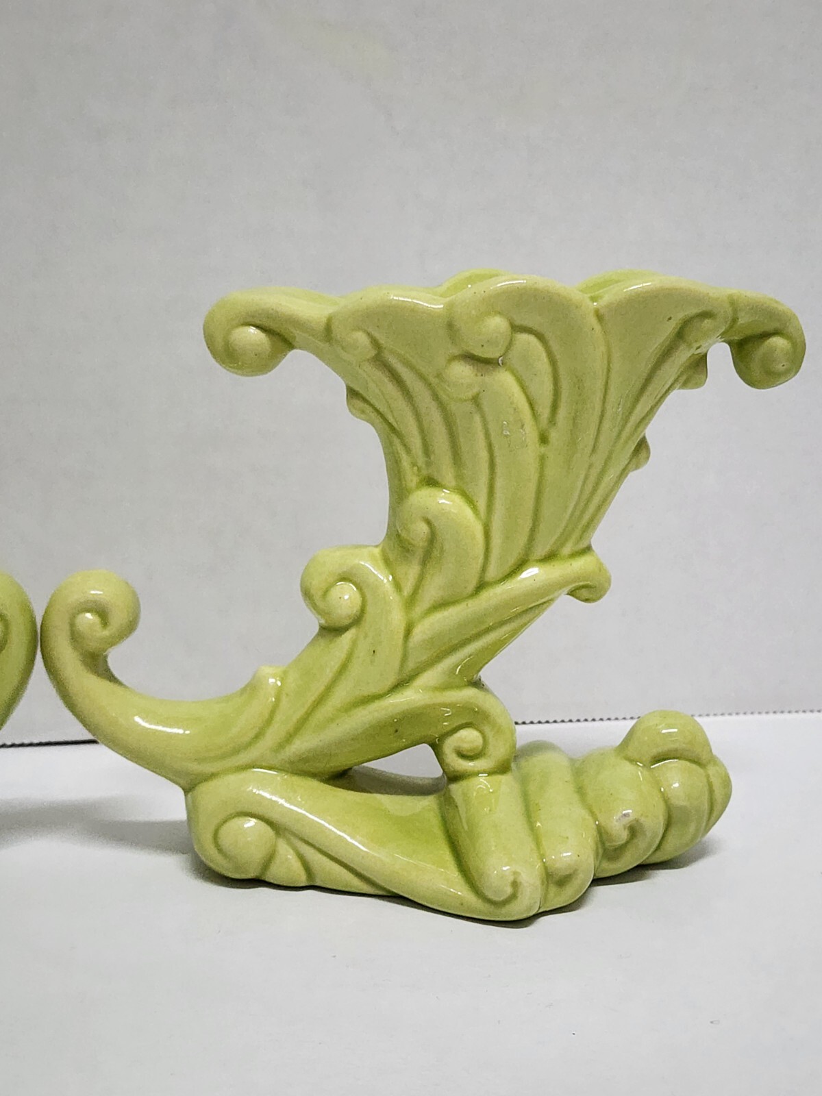 Royal Haeger Cornucopia Light Green Tapered Candle Holder Lot OF 2 Vintage 5″