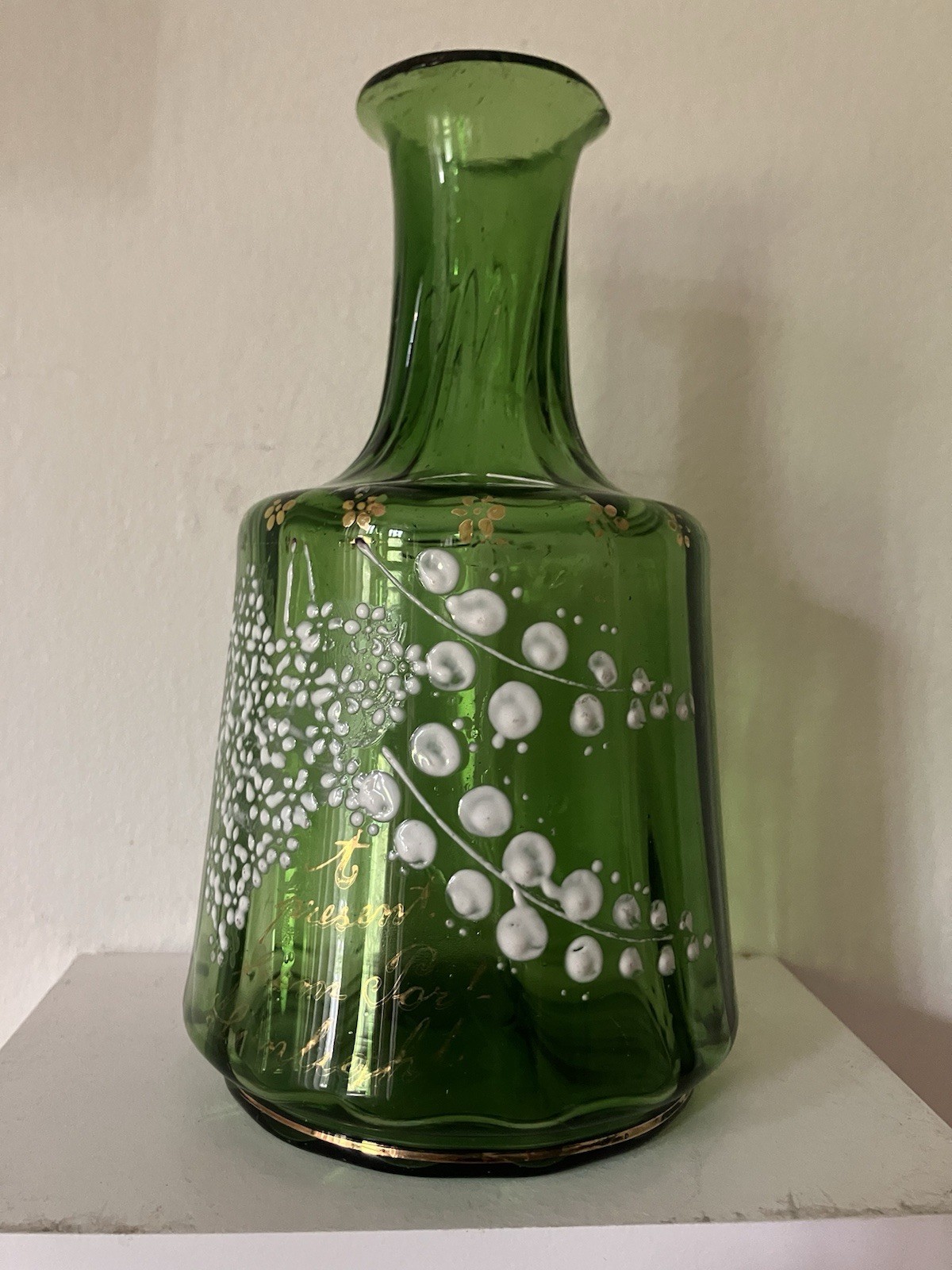Antique Victorian Green Art Glass Vase Bottle Hand Painted Lily Of The Valley