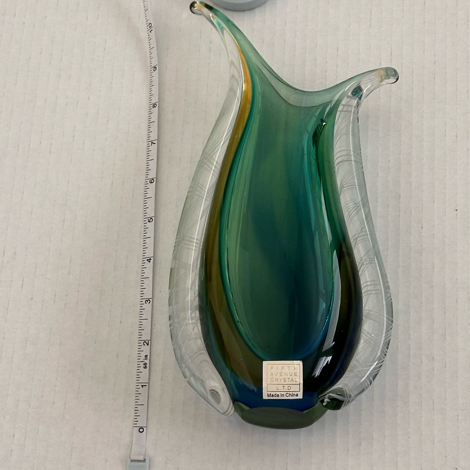 Art Glass Fifth Avenue Tear Drop Crystal Murano Sommerso Latticino Vase 10 1/4″