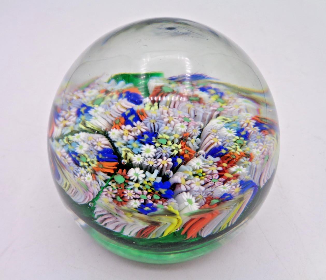 Vintage MURANO Art Glass Millefiori Seven Flower Bouquet Paperweight -Italy