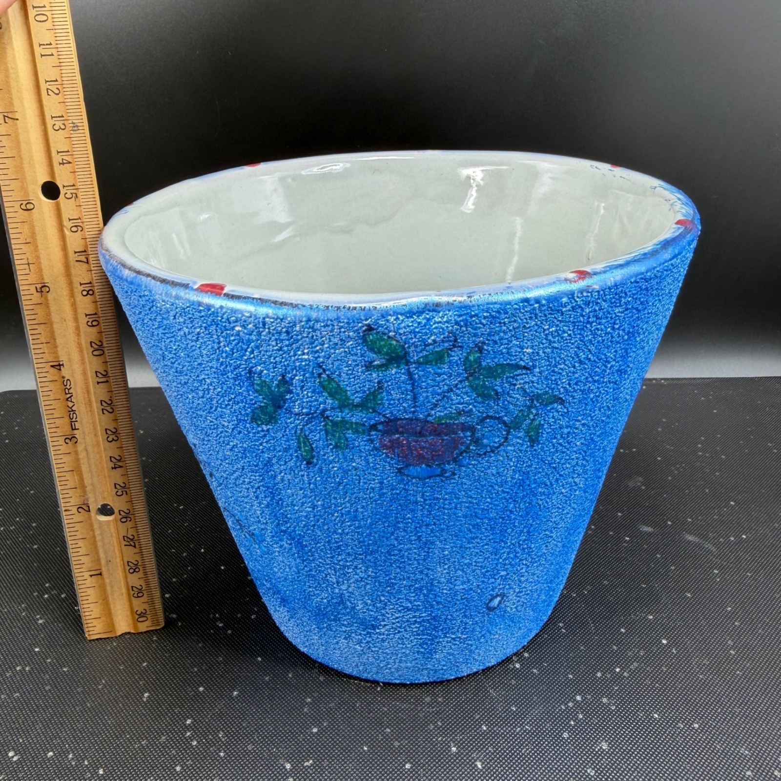 Vintage Italian Art Pottery Planter Blue Textured Lava Glaze Hand Painted Italy