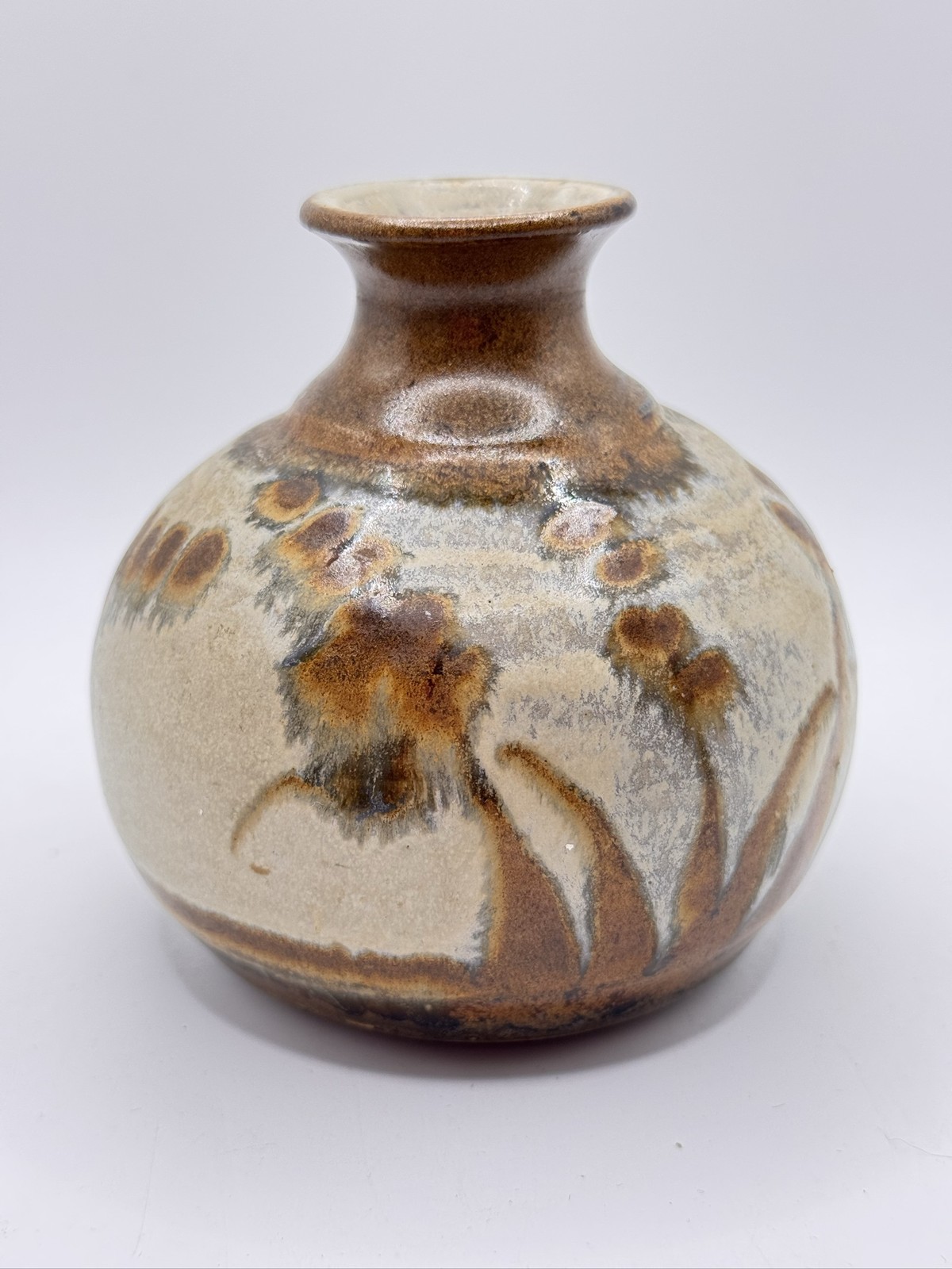 VTG Studio Art Pottery Vase Brown Beige Drip Glaze Bud Vase Handmade signed West