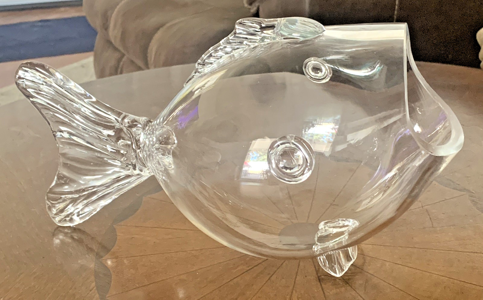Clear Hand Blown Glass Open Mouth Fish Figure Centerpiece Sculpture Art 13″