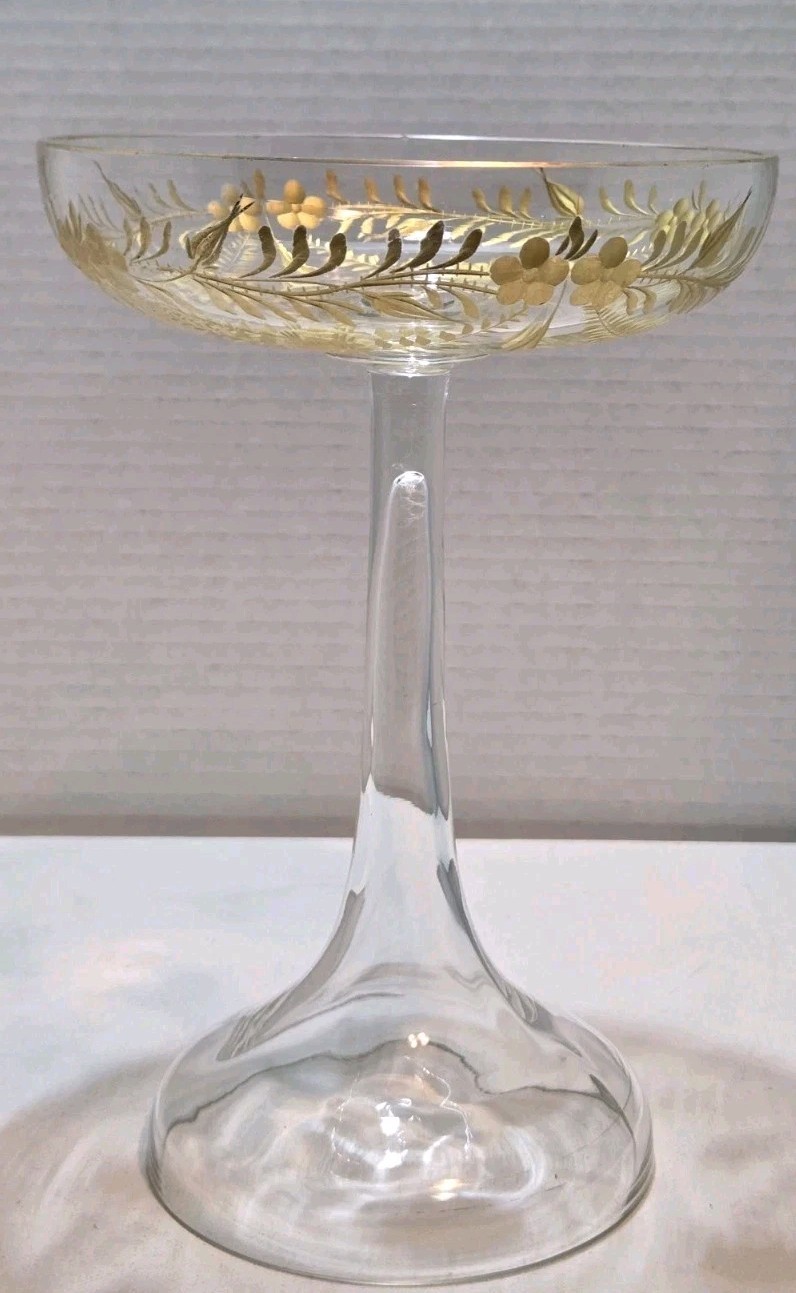 Antique Moser Tazza/ Compote Large Cut Crystal with Gold Gilt Intaglio Style 8″