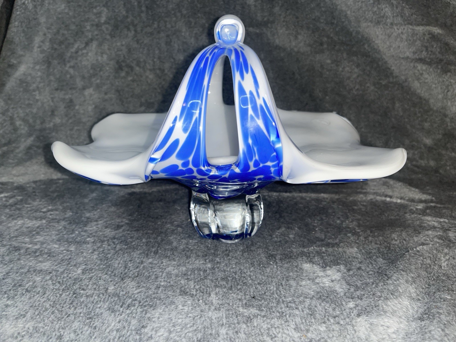 Royal Gallery Art Glass Hand Blown Blue & White Centerpiece Basket w/ Handle