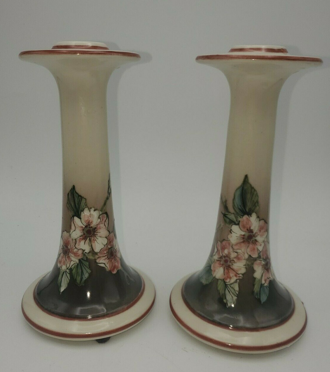 VTG California Santa Barbara Ceramic Design Candle Holders Apple Blossoms 7″