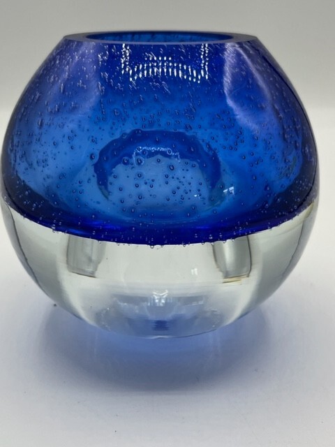 Heavy Glass Vase/Bowl Hand Blown Cobalt Blue and Clear W/Bubble Made In Poland