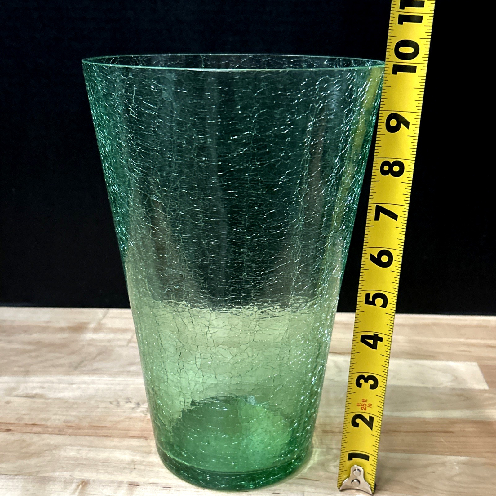 Vintage Green Crackle Glass Vase Excellent Condition 10″ Tall Beautiful!