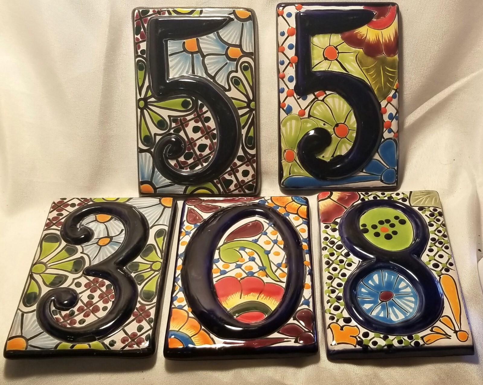 Mexican Talavera Tiles 3 House Numbers: 5*5*0 Colorful 3-1/2″ x 5-3/8″
