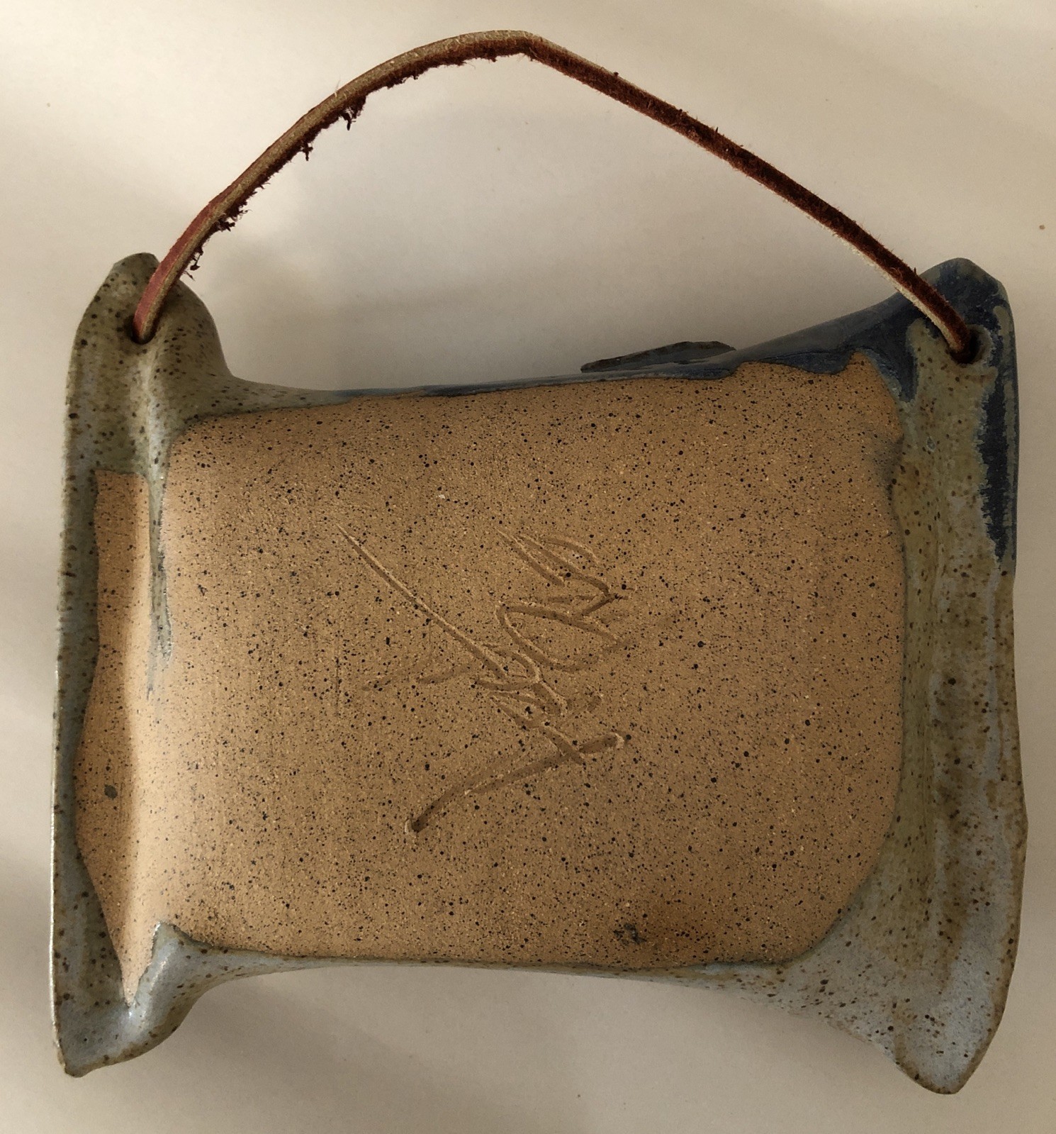 Signed Art Pottery Hanging Wall Pocket Hanging Vase Ocean Blues Japanese Style