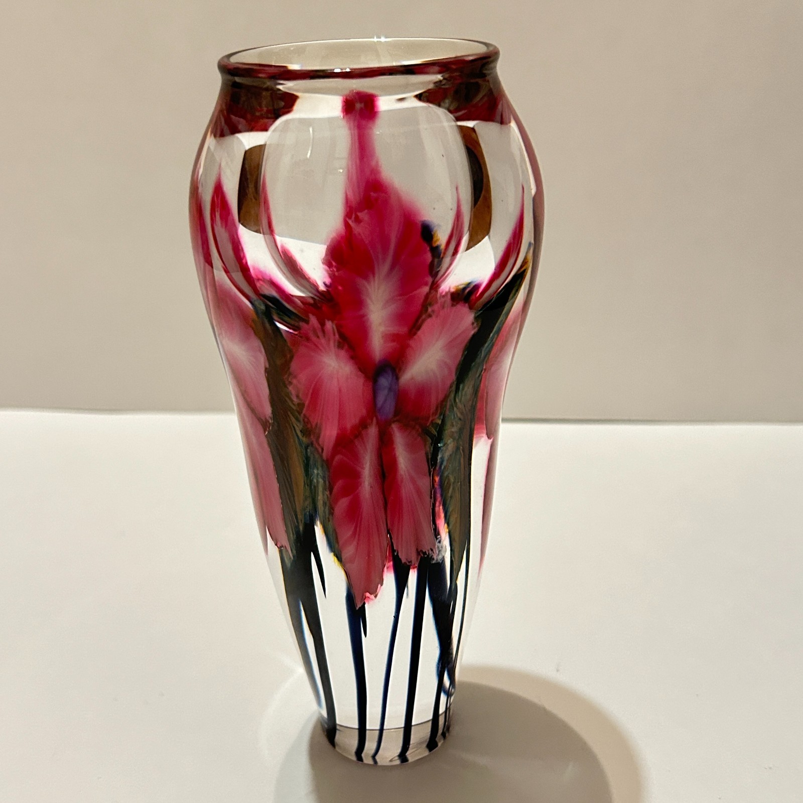 Vintage Lotton 7.5″ Multi Flora Pink Floral Flower Vase Signed 1998 Art Glass