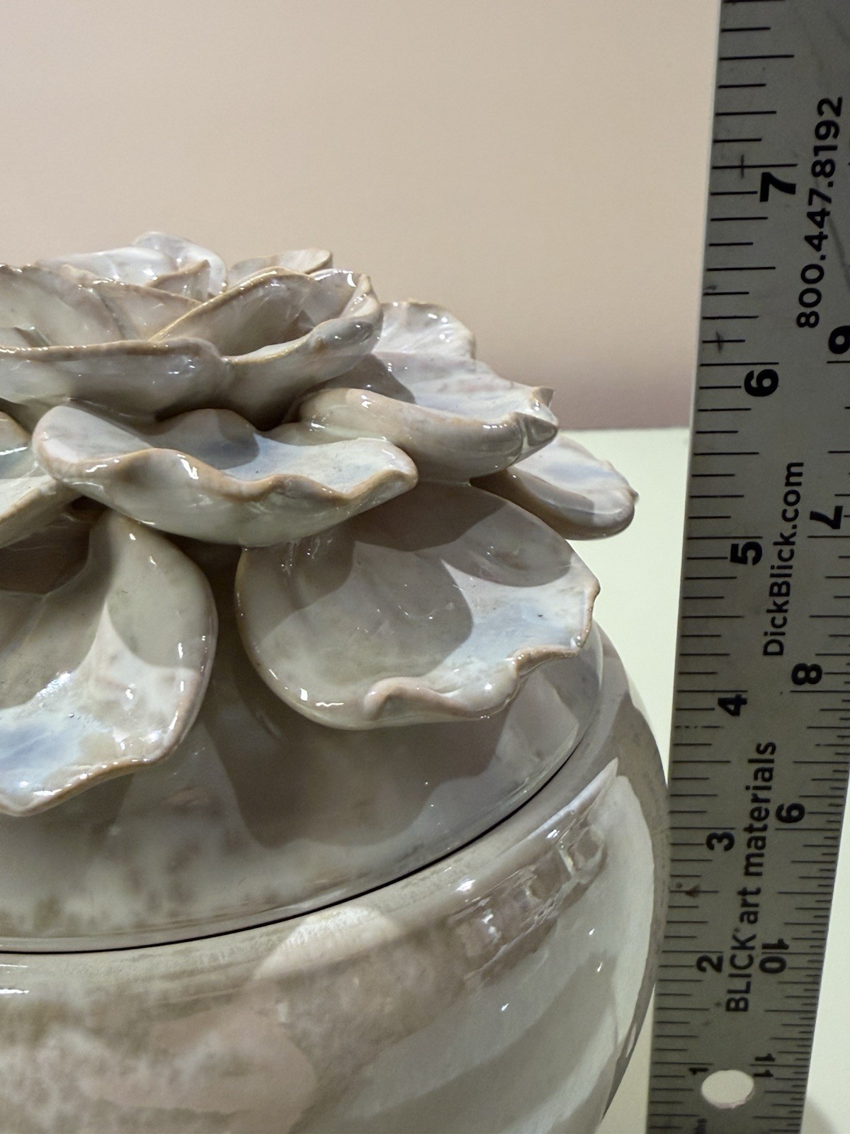 Handcrafted 7” DAHLIA Flower Ivory Iridescent Glossy Ceramic Petals JAR w/ LID