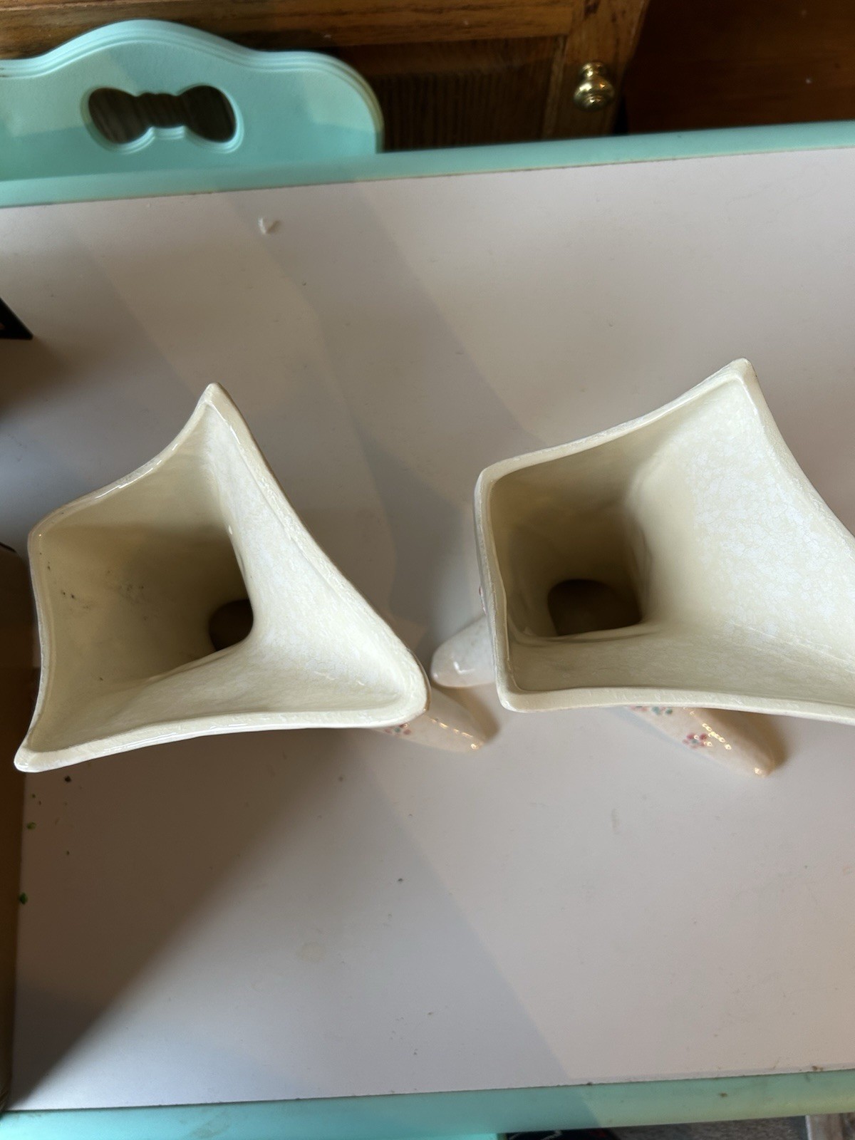 Two Hull Pottery Double CornucopiaBow Knot Vases With Butterflies