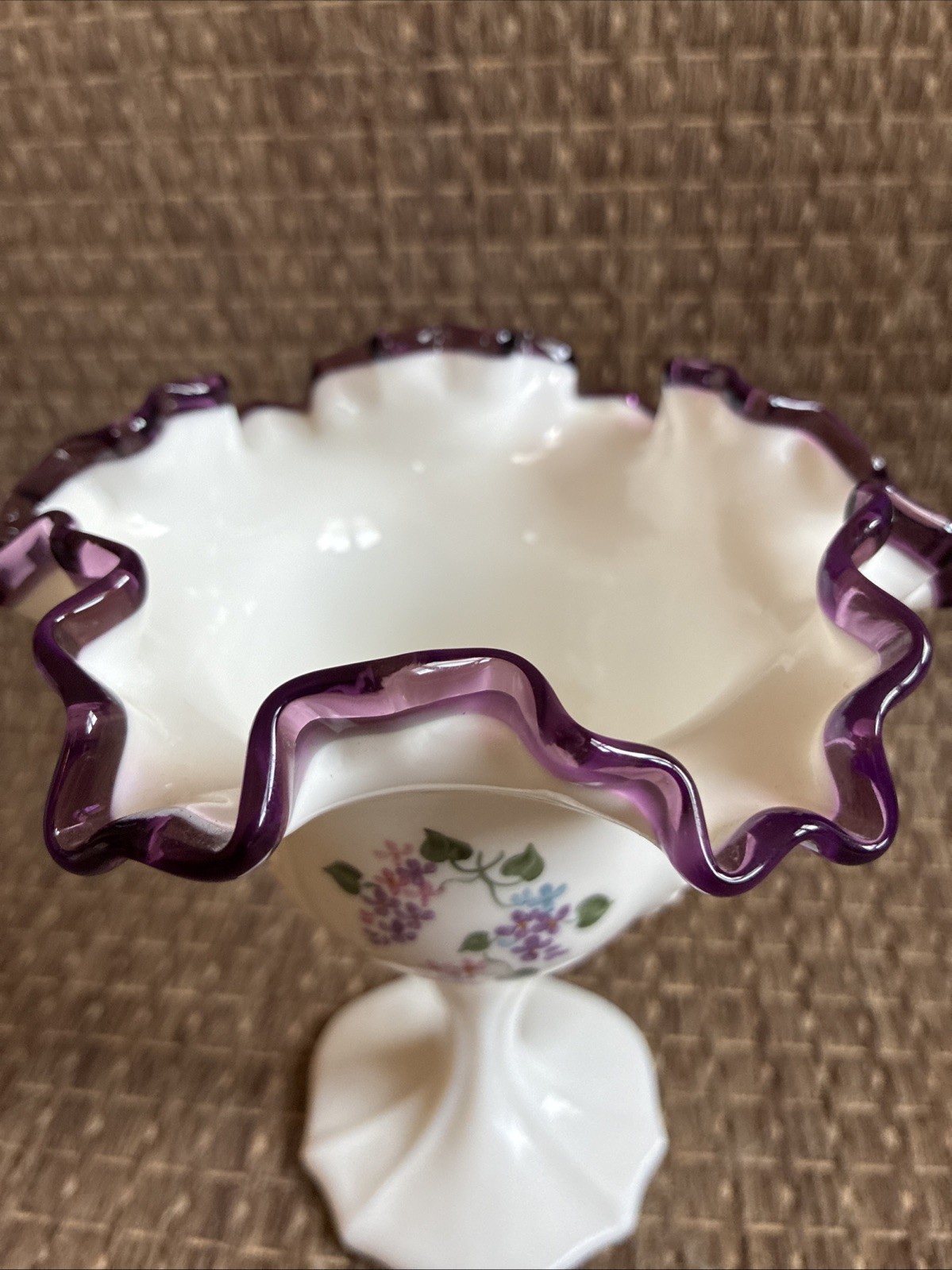 Fenton Art Glass Signed Amethyst Purple Crest Violets in Snow Footed 6” Compote