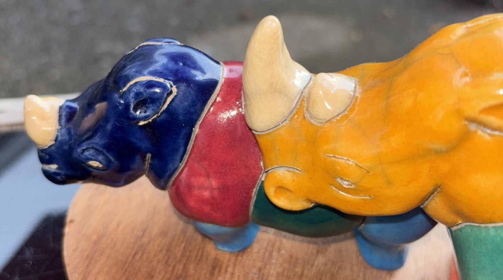SIGNED Raku Rhinoceros Art Pottery,VGC, Handcrafted, VividColors