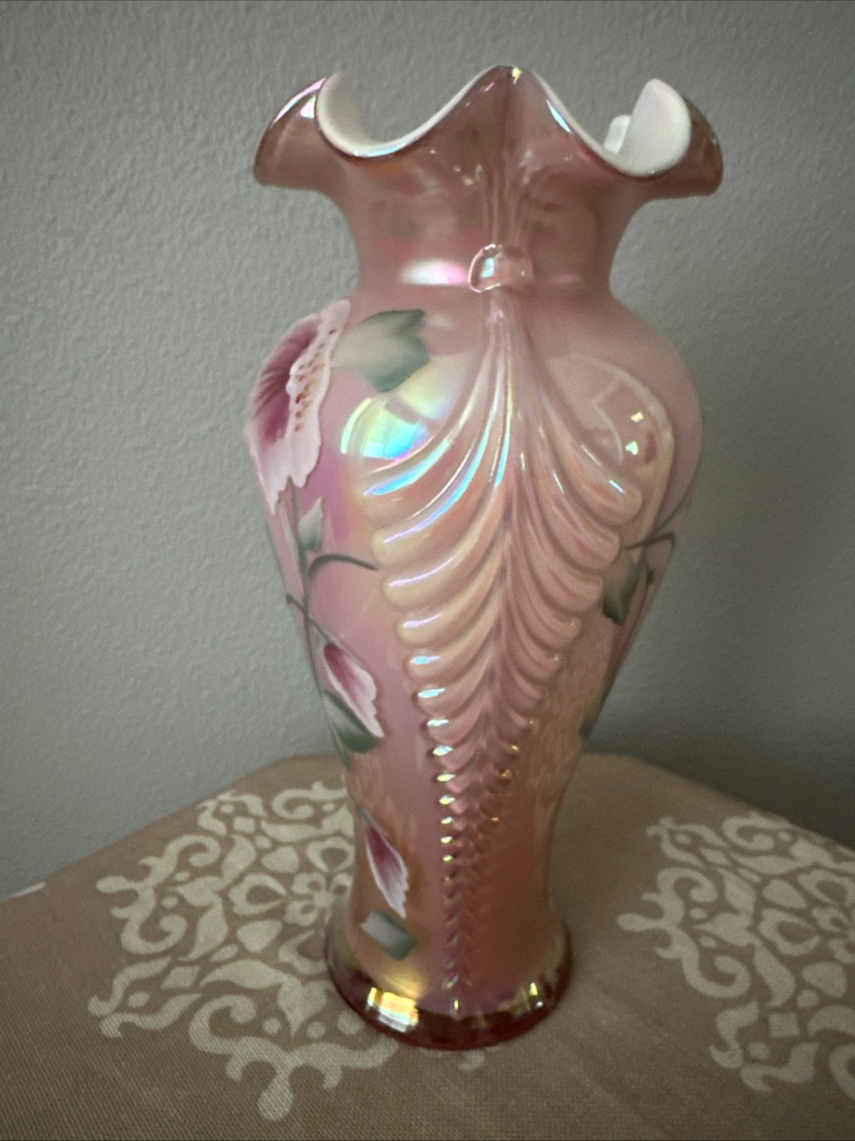 Fenton Pink Dusty Rose Iridescent Glass Feather Hand Painted Vase 11”