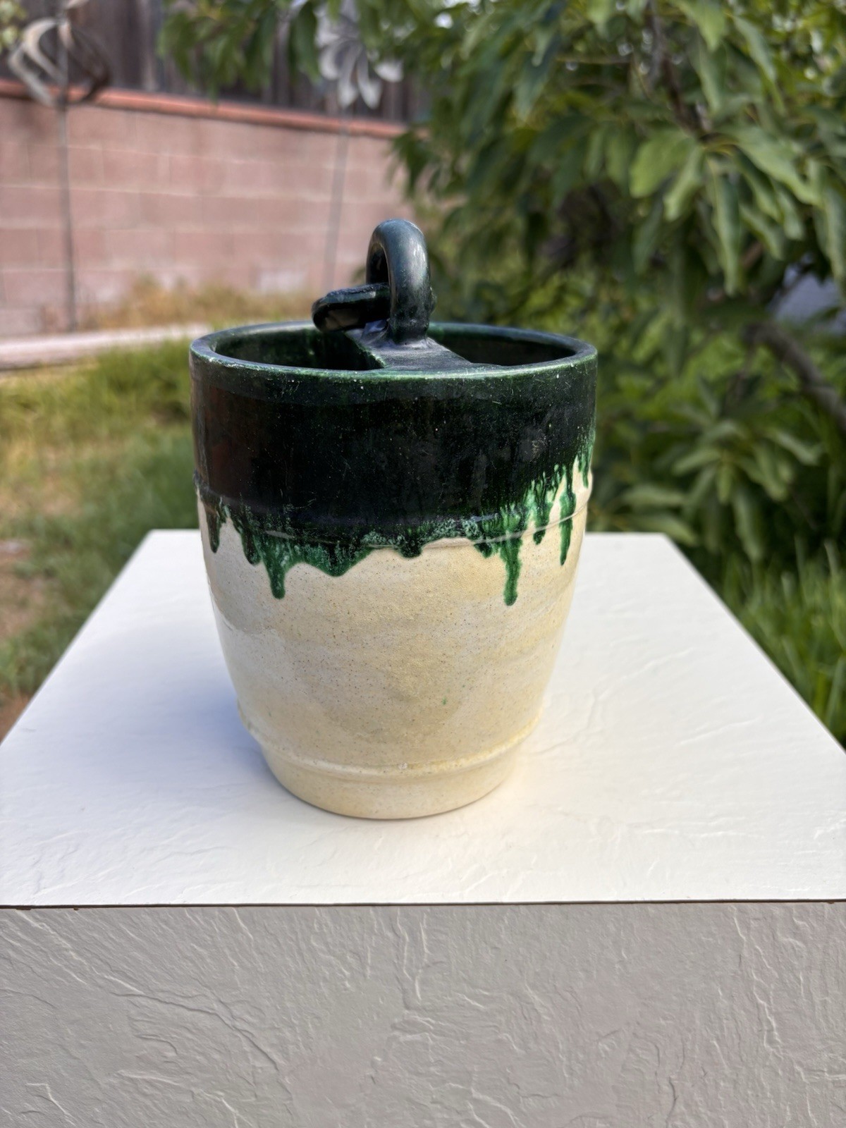 Vtg Studio Pottery Ceramic Jar W/ Sculptural Chain Hanger Green Dip Glaze Handm