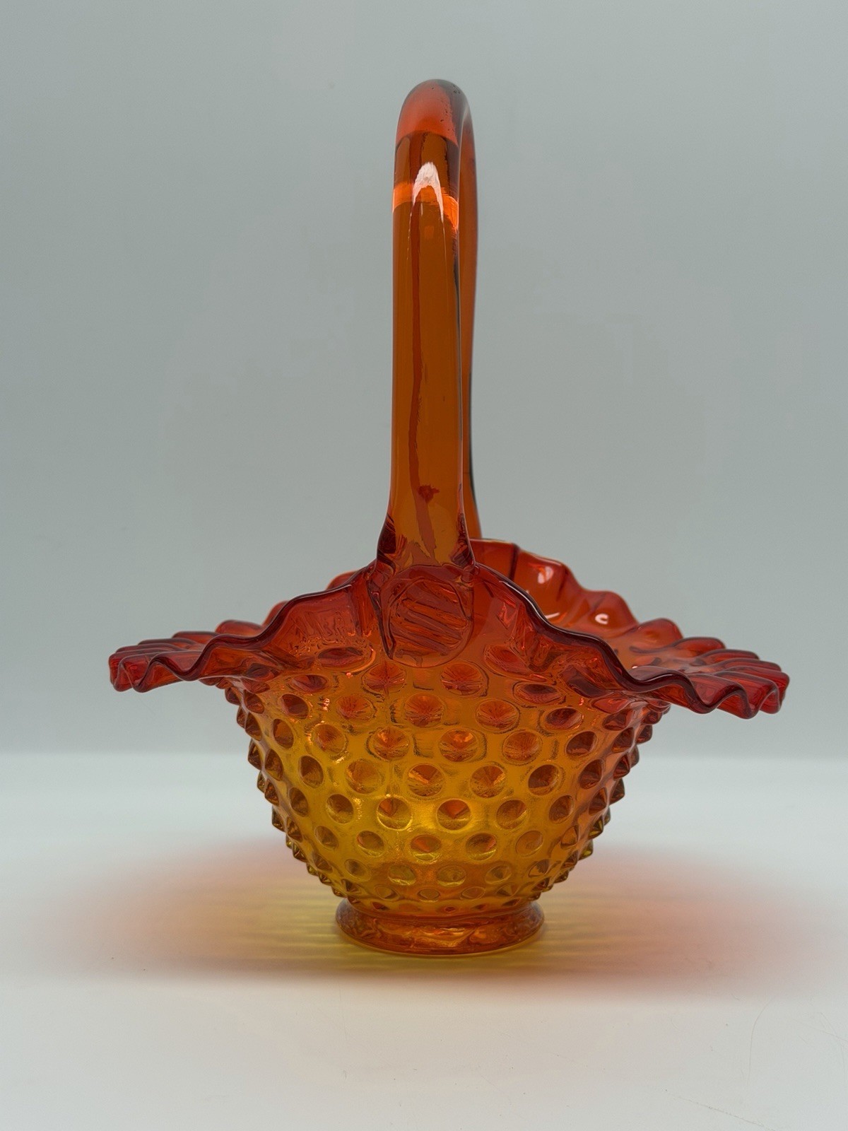 vintage Reddish Orange Amberina HOBNAIL Pattern GLASS BASKET ruffled wavy Fenton