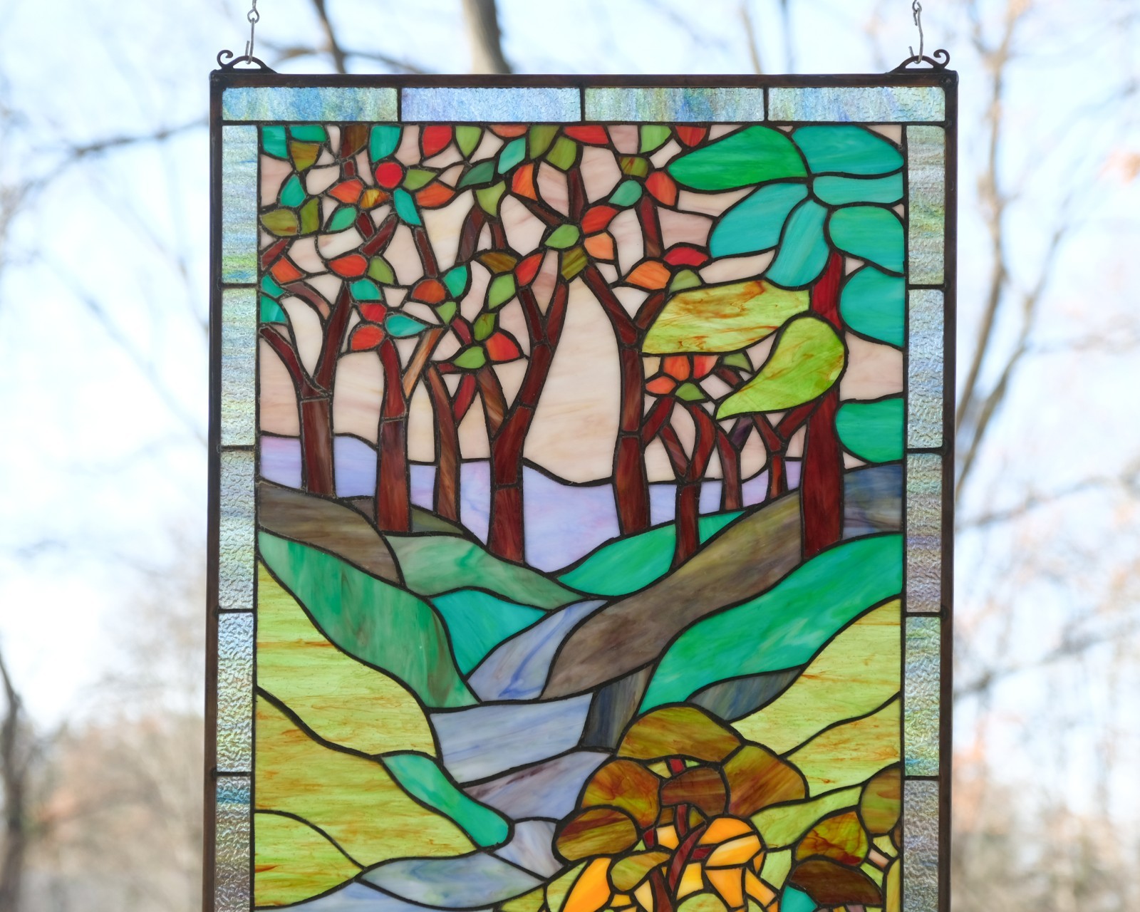 20″ x 33.75″ Tiffany Style stained glass window panel Deer Drinking Water HF446