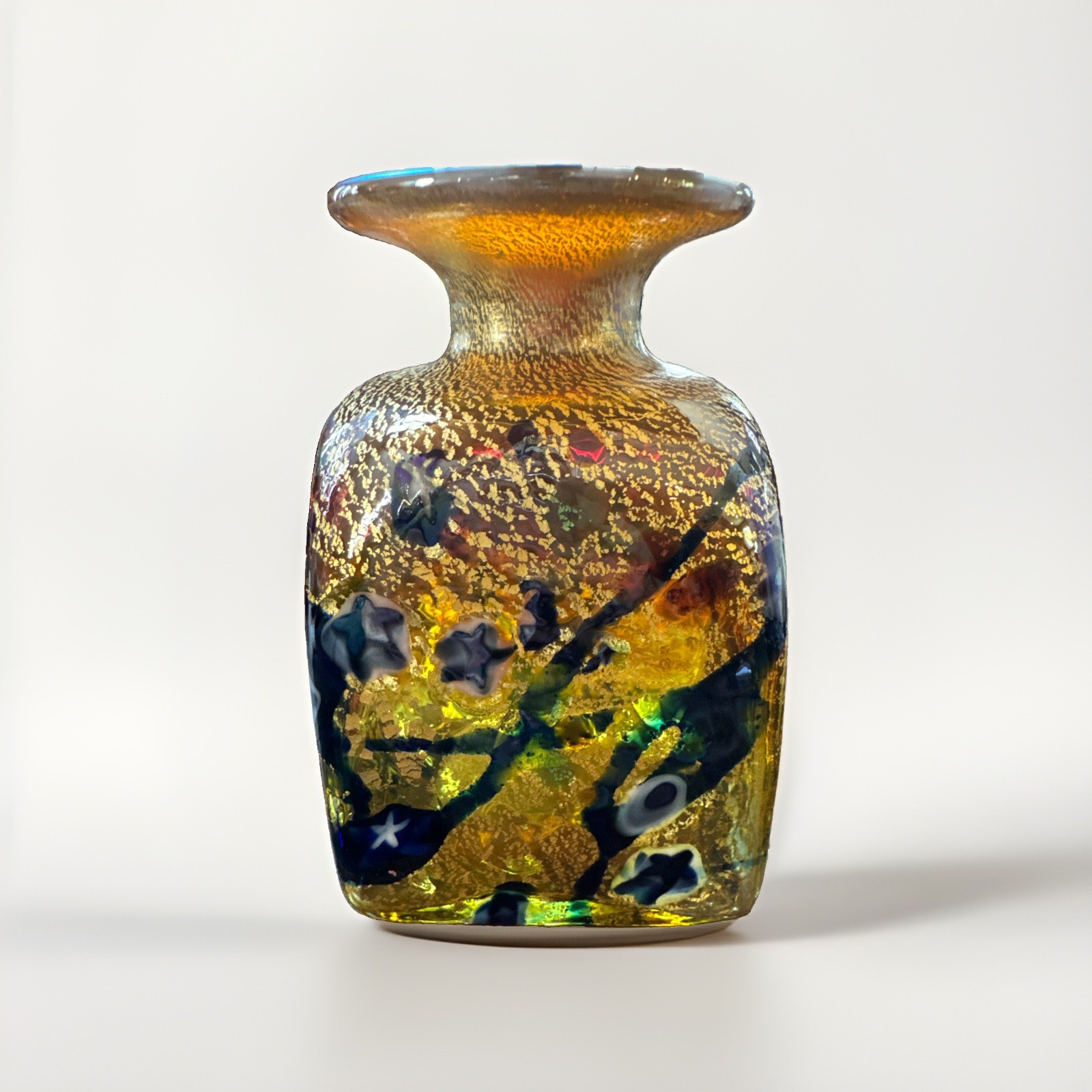 Signed Robert Held Art Glass Gold Aventurine Floral Vase Hand Blown Canada 4.37”