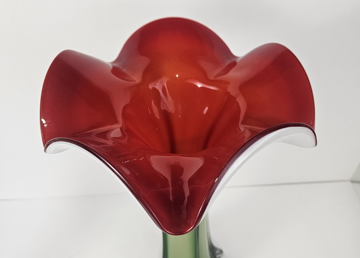 Vintage Hand Blown Tulip Vase Cased Art Deco Glass Trumpet Red White Green 14.5″