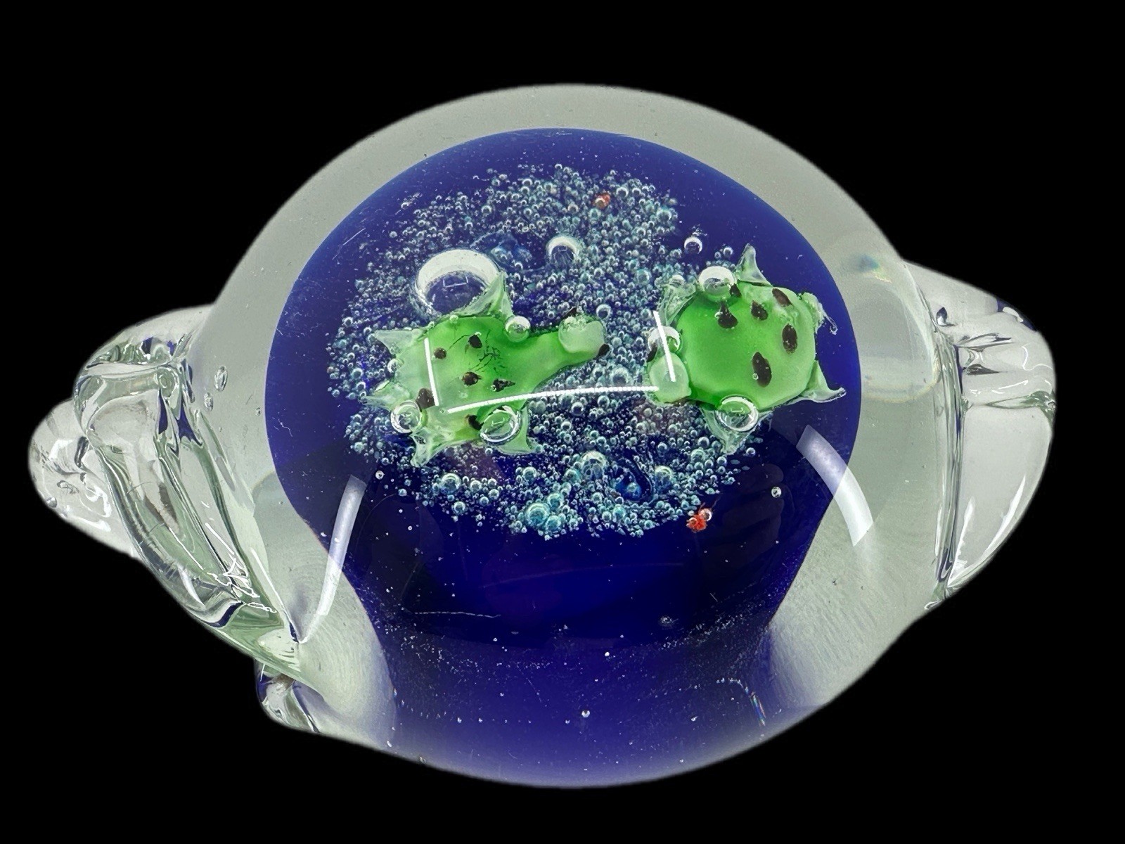 Vintage 1970s–1990s Art Glass Turtle Paperweight Blue Ocean Scene 5”
