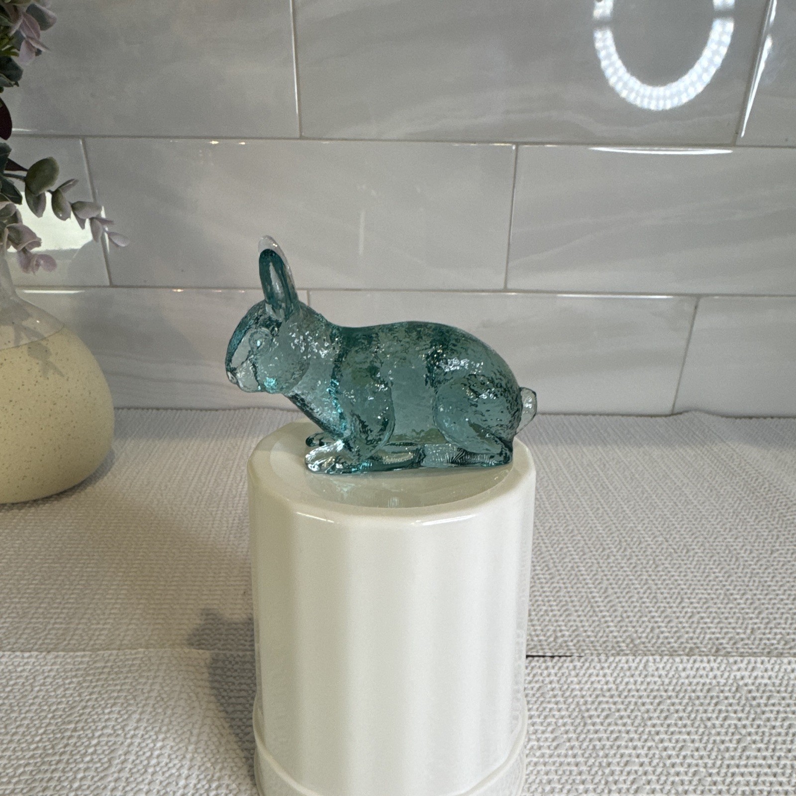 Vintage Mosser Blue & Clear Art Glass Rabbit Figurine 3 in