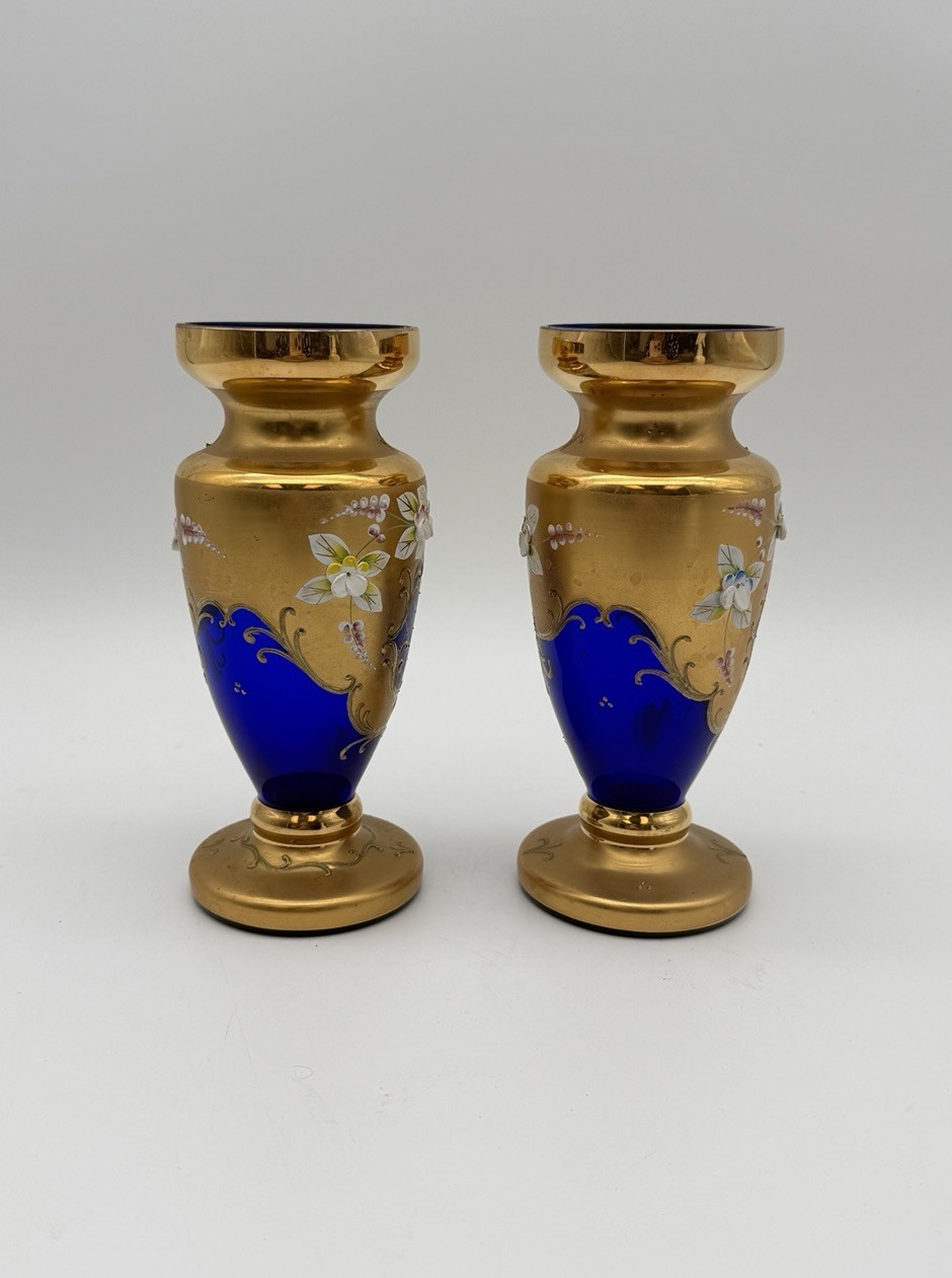 Vintage Pair Czech Bohemian Gold Raised Enamel Cobalt Blue Glass Vases Floral 7″