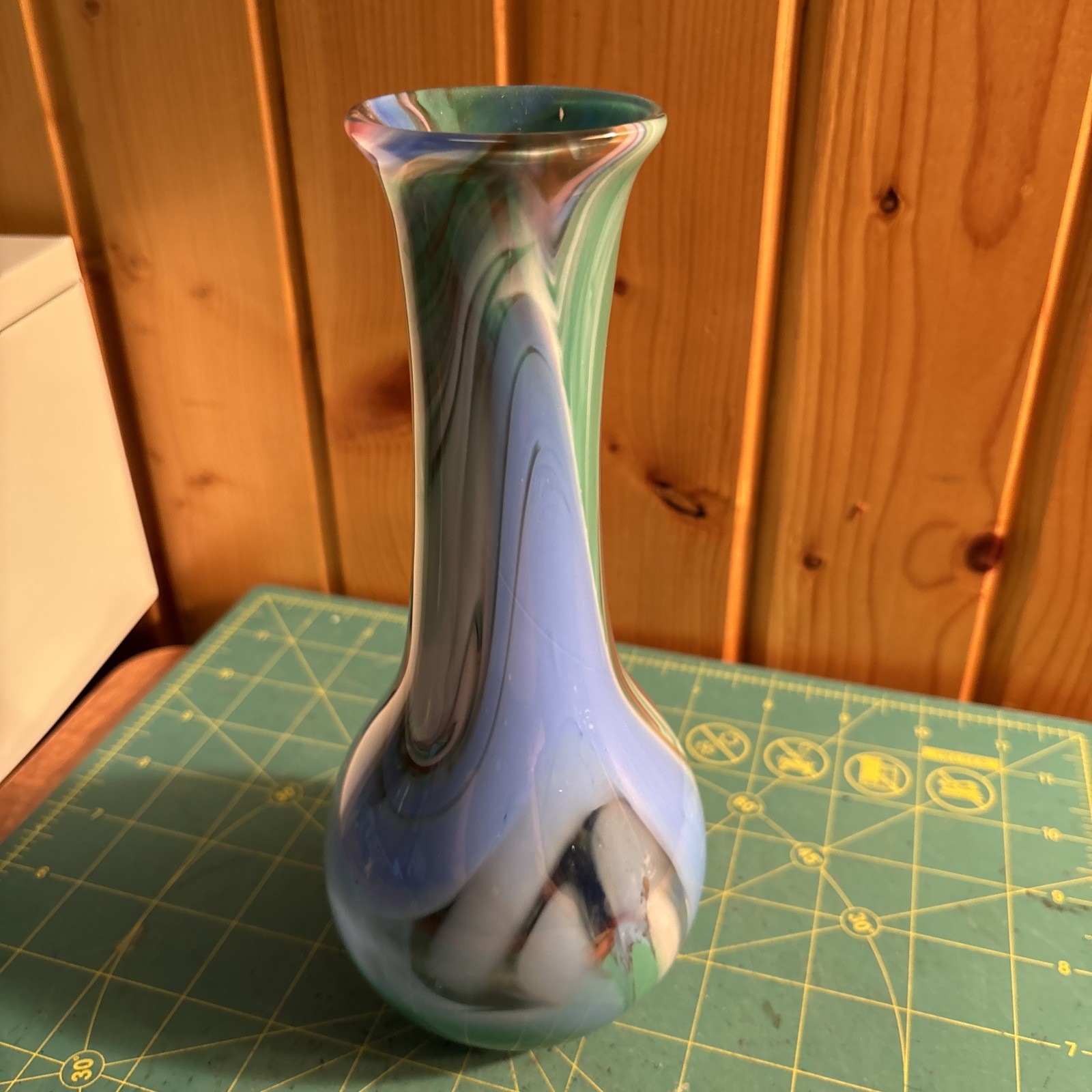Heavy Hand Blown Glass Murano Style Blue, Green, Red, White Swirl 8”