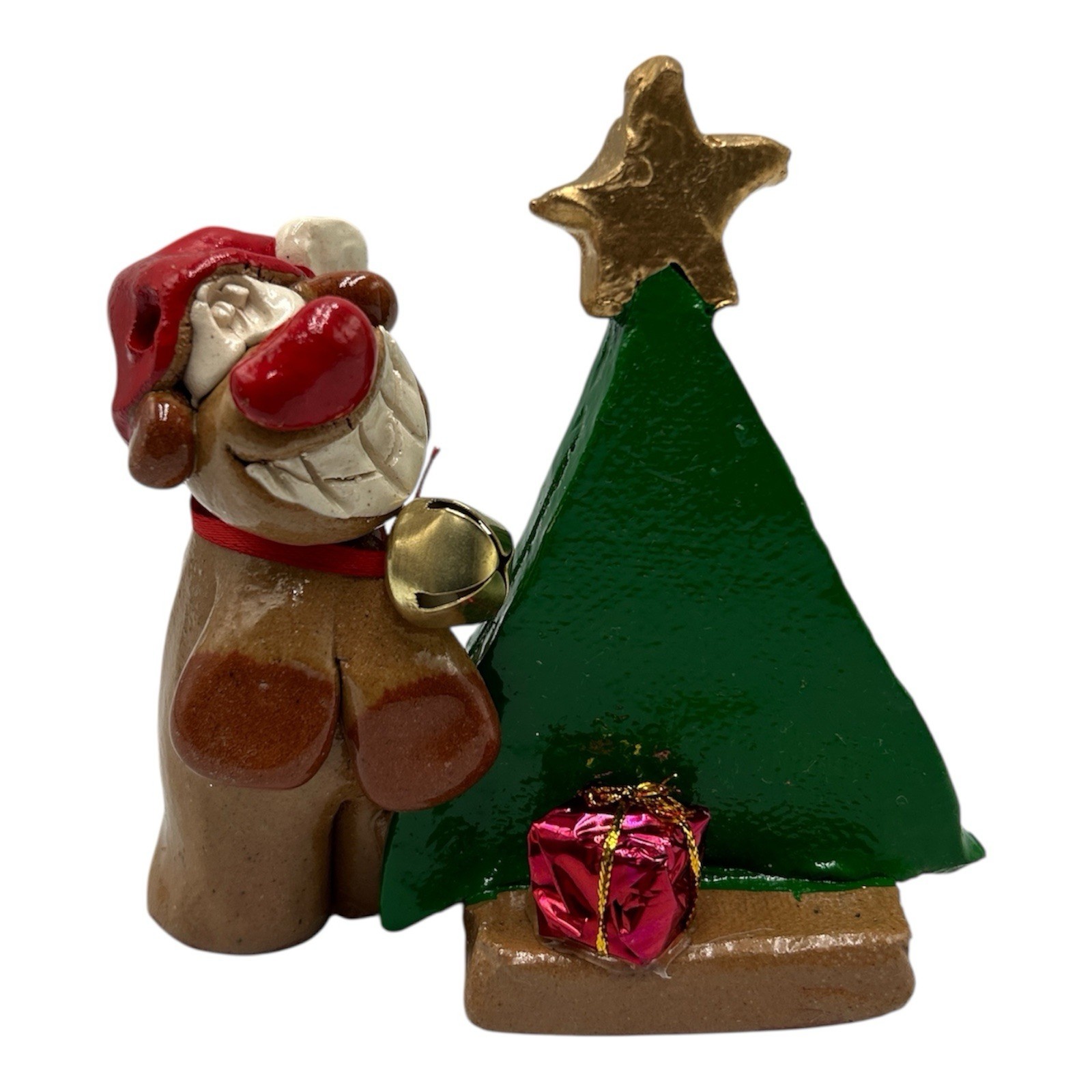 Nancy Hicks Folk Art Pottery Reindeer with Present Tree Bell Christmas Decor