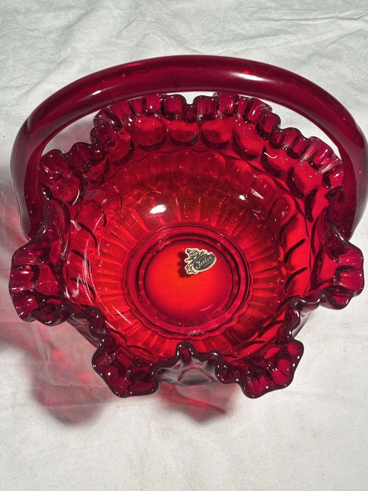 Vintage Fenton Glass Ruby Red Thumbprint Ruffled Colonial Handle BASKET 8.5″