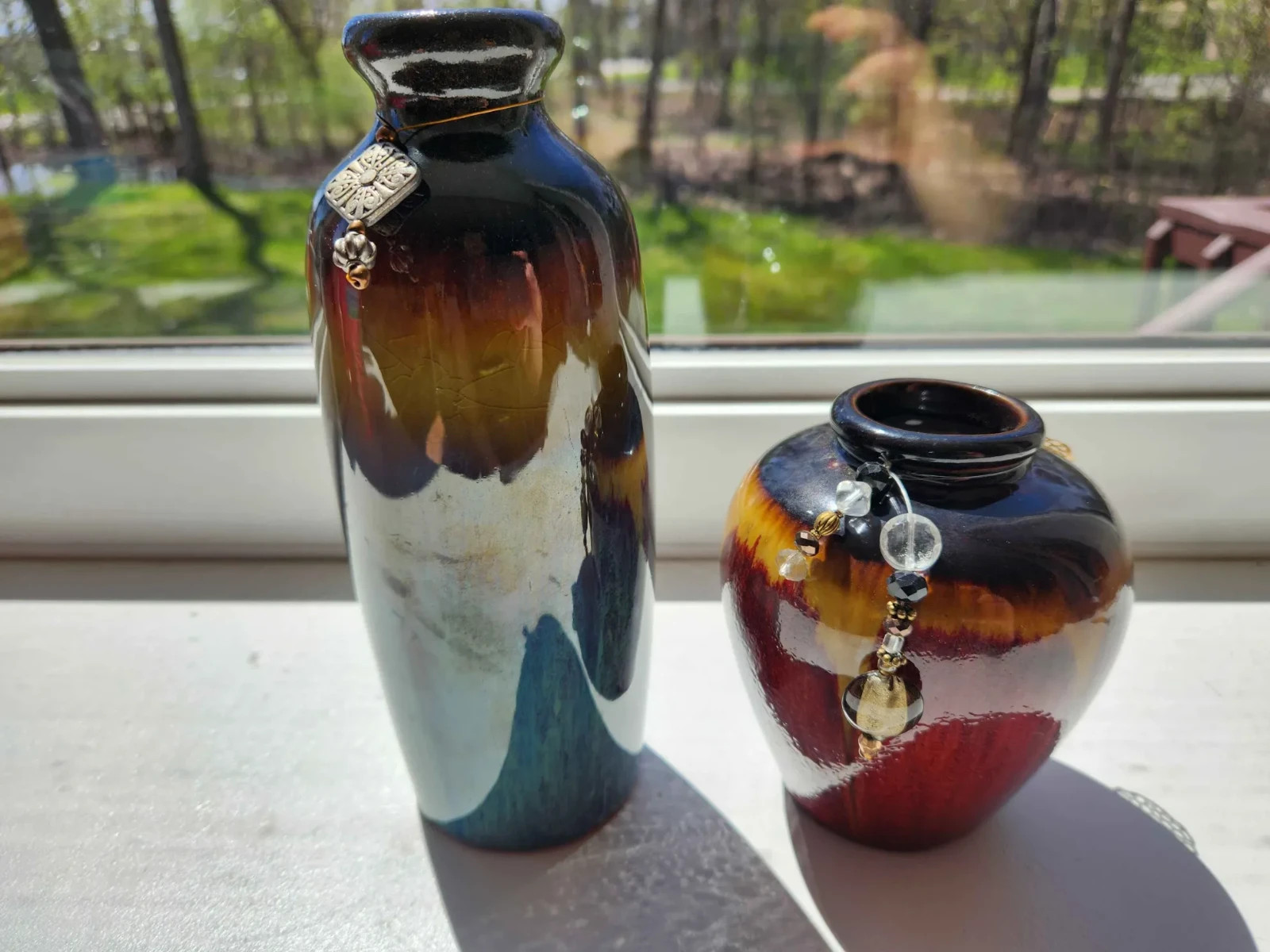 2 Red & Blue Pottery Ceramic Vases Hobbyist Gloss Drip Glaze Bead Embellishments