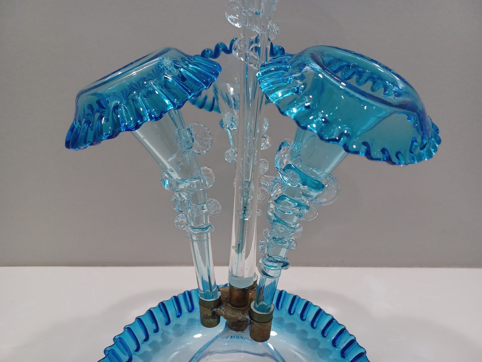 Glass Epergne ~ Antique Victorian BLUE / CLEAR ~ England ~ EXQUISITE!