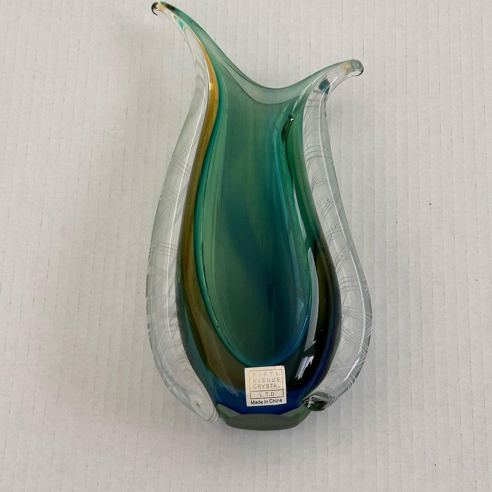 Art Glass Fifth Avenue Tear Drop Crystal Murano Sommerso Latticino Vase 10 1/4″