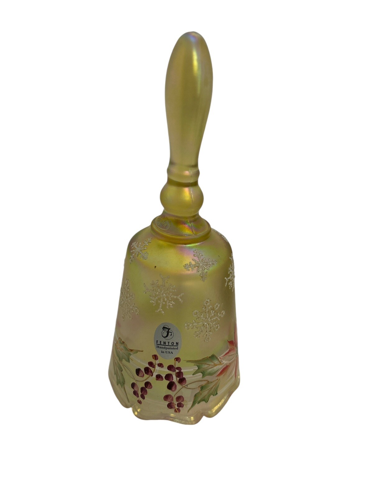 Fenton Amber Iridescent Poinsettia Bell Christmas Winter Frosted Snowflakes