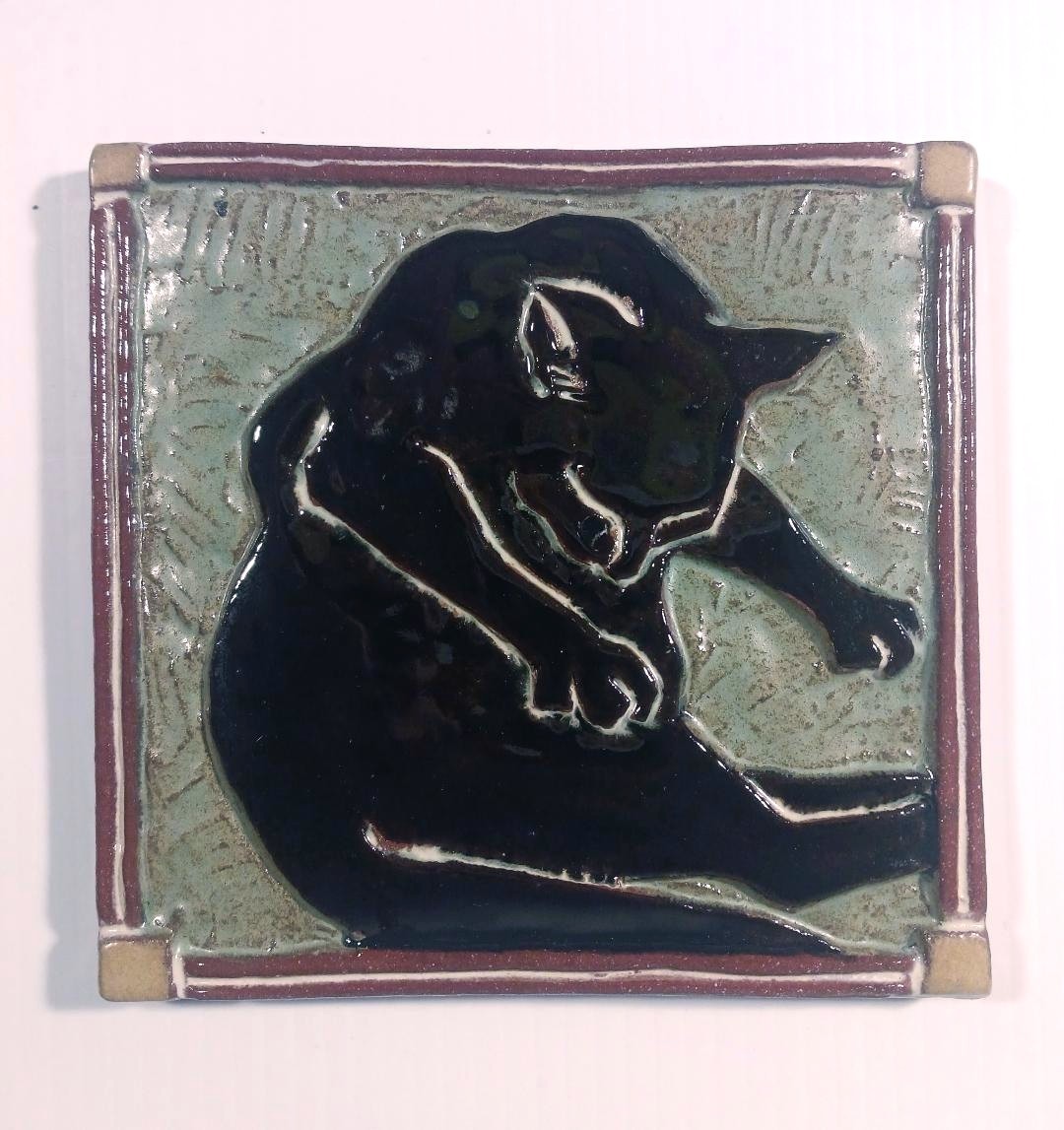 “Bath” Cat Tile 6×6 ceramic tile, handmade, multicolor, notch to hang