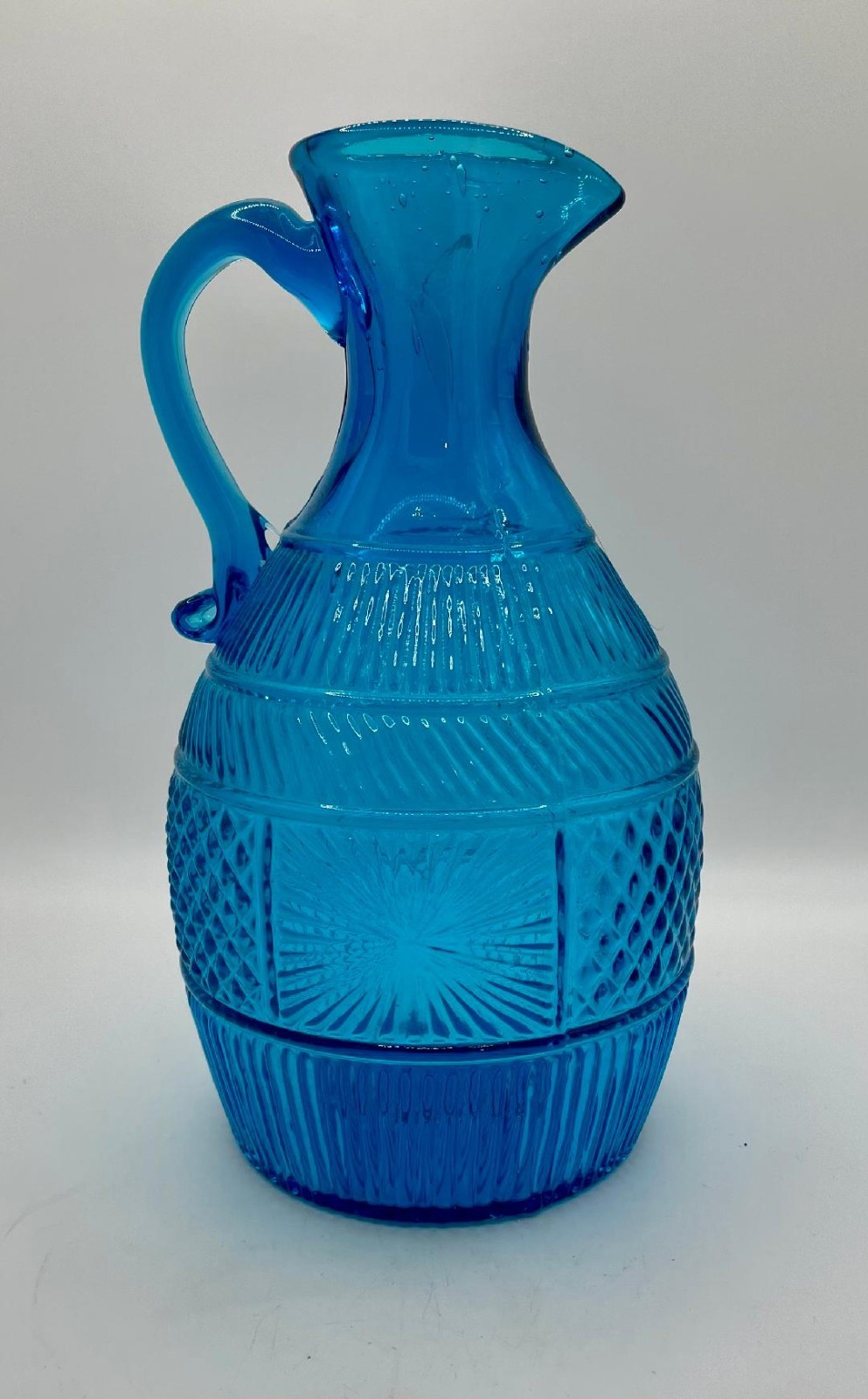 Vintage Clevenger Bros. Patterned Vase Pitcher Glass Sapphire Blue NICE!