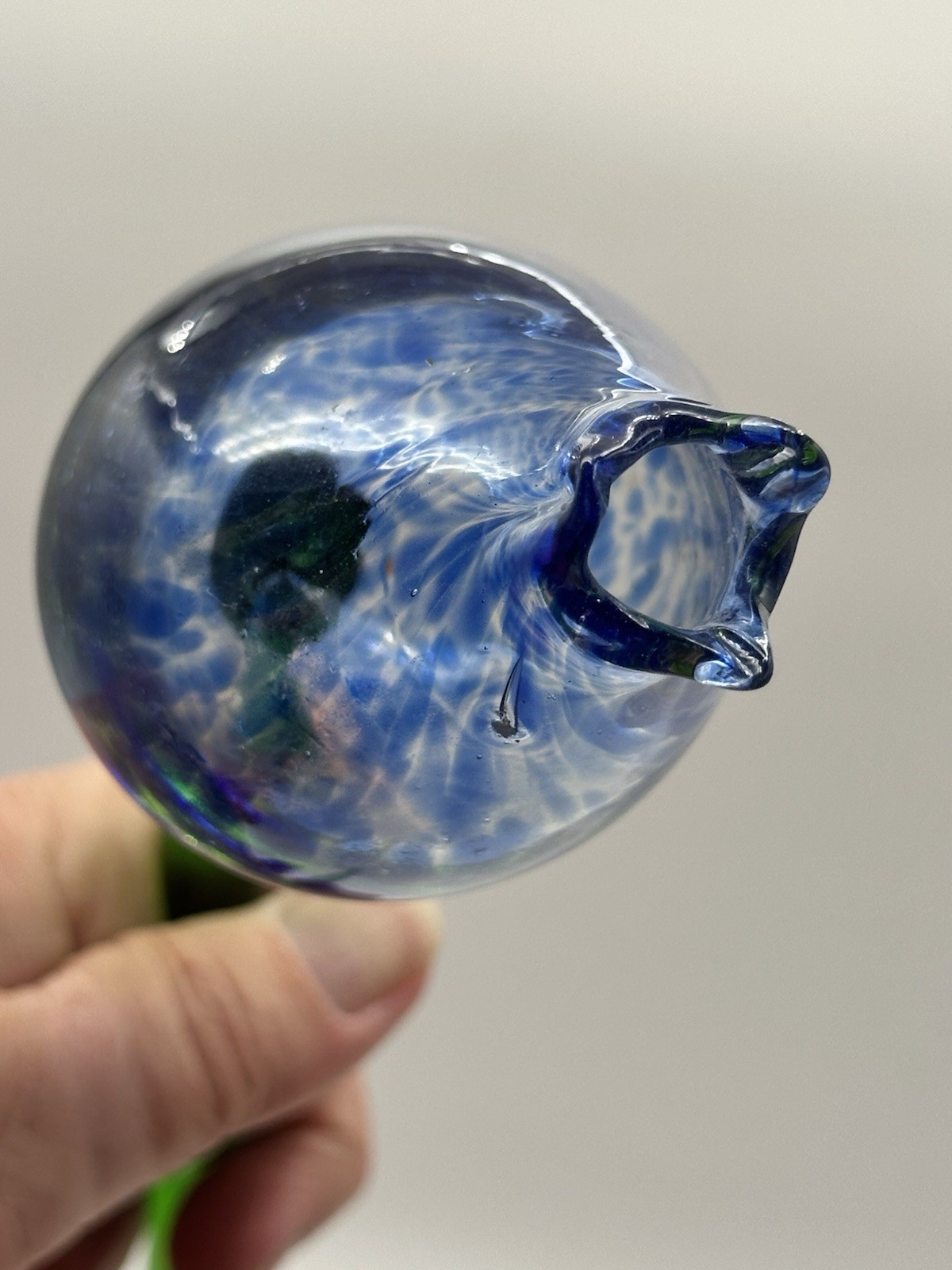 Blown Art Glass Swirling Speckle Blue Flower With Green Stem 20” OA