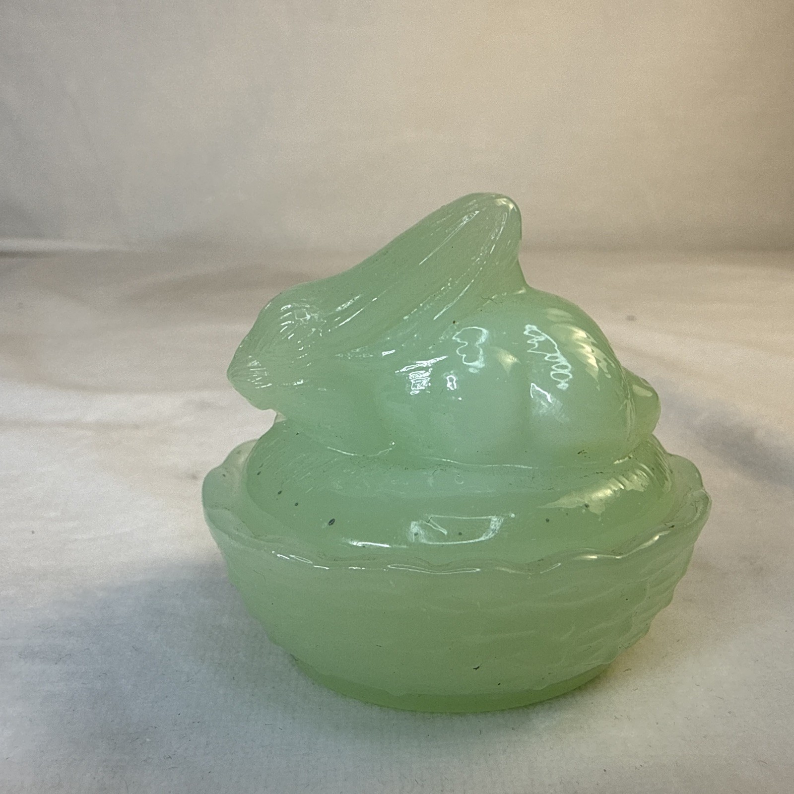 Vintage Green Jadeite Jade Glass Bunny Rabbit on Nest 2 piece Miniature 2”