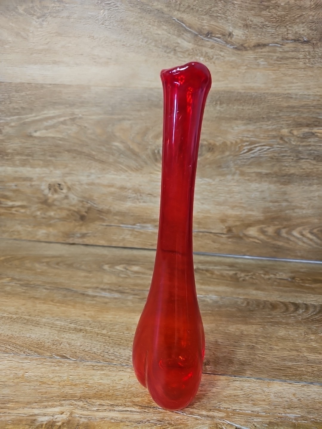 Vintage MCM Retro 1960s Art Glass RED Swung Flower Bud Vase Hand Blown 11.5″
