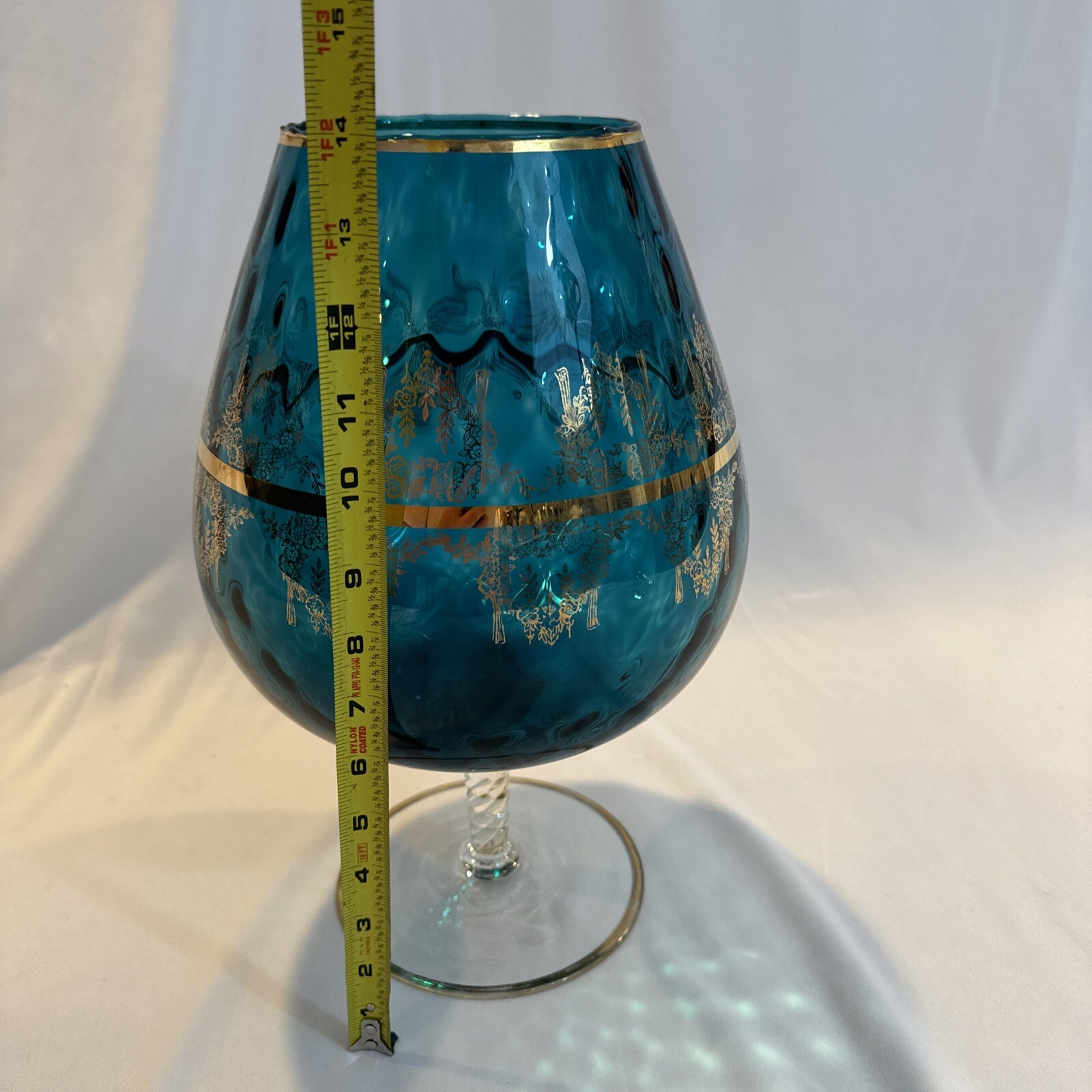 Giant Vintage Italian Turquoise Aqua Blue and Gold Crystal Bowl 14”
